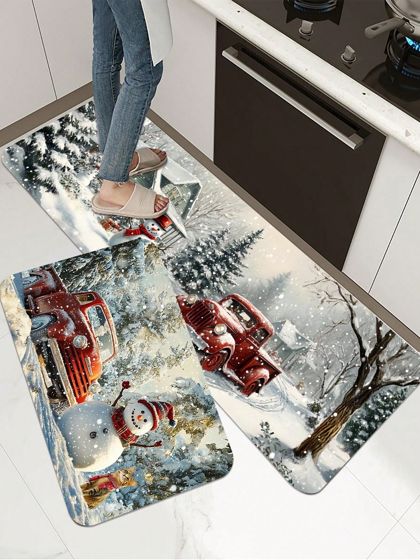 1 Piece Of Christmas Printed Kitchen Carpet - Non Slip, Durable, Machine Washable Entrance Mat, Suitable For Homes, Offices, Laundry Rooms - Quick Drying, Comfortable Stand Design, Made Of Thick Flannel Material White