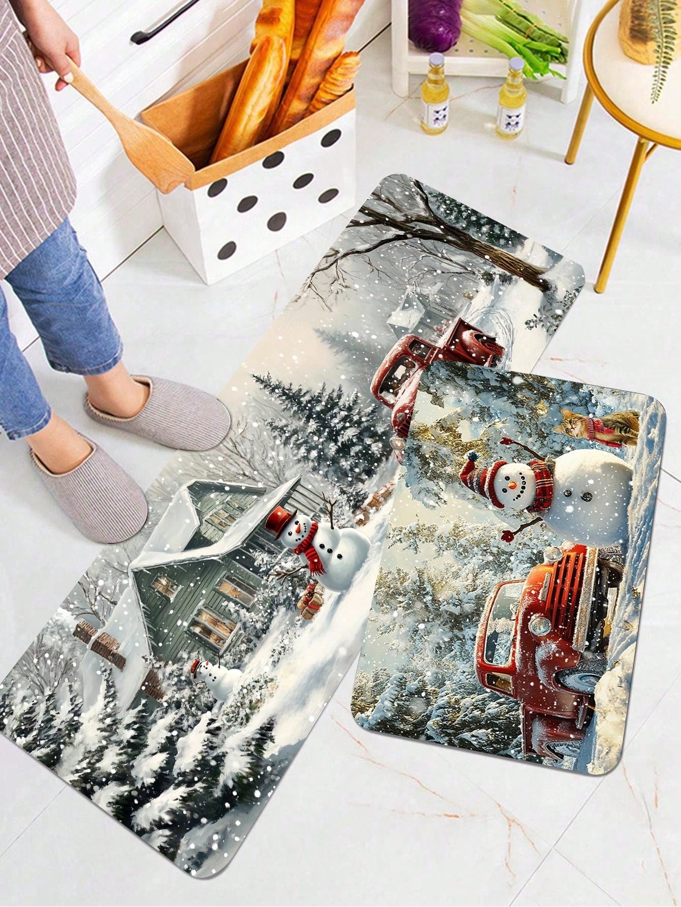 1 Piece Of Christmas Printed Kitchen Carpet - Non Slip, Durable, Machine Washable Entrance Mat, Suitable For Homes, Offices, Laundry Rooms - Quick Drying, Comfortable Stand Design, Made Of Thick Flannel Material White