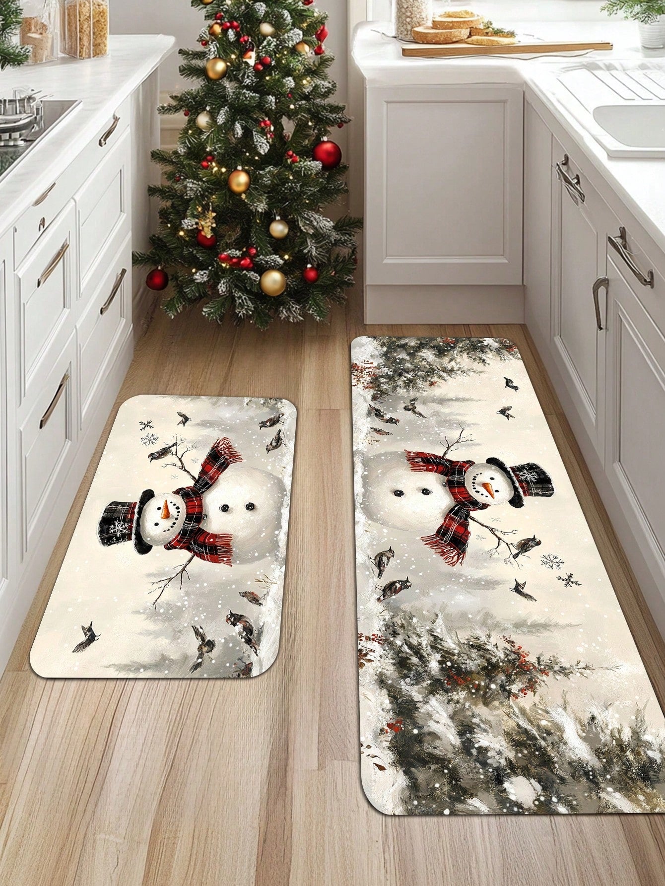 1/2 Pieces Spanish Christmas Kitchen Carpet Set, Feliz Christmas, Comfortable Christmas Element Patterned Door Mat, Machine Washable, Non Slip, Soft Polyester Mat, Used For Home Vacation Decoration, Christmas Decoration Beige