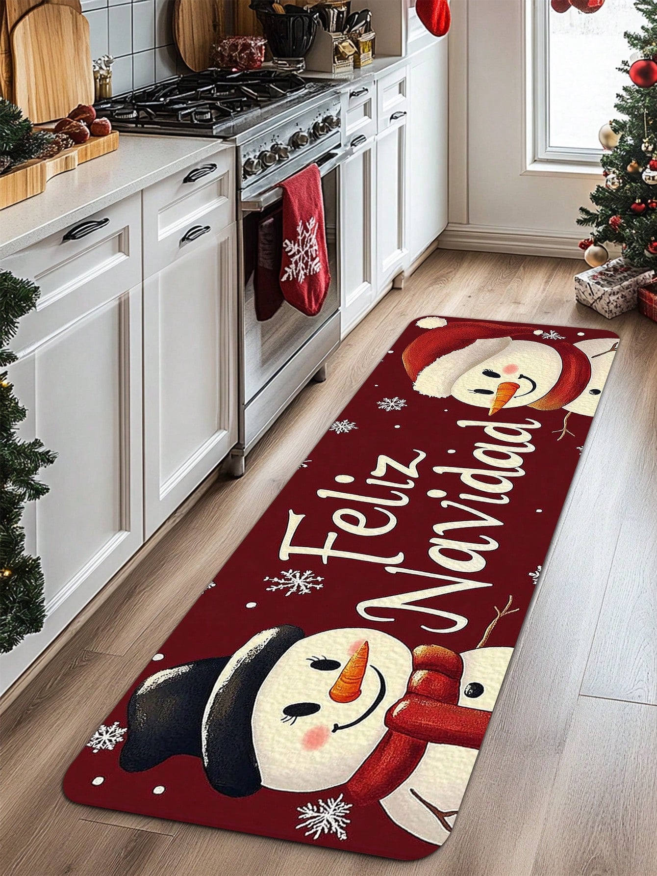 1/2 Pieces Spanish Christmas Kitchen Carpet Set, Feliz Christmas, Comfortable Christmas Element Patterned Door Mat, Machine Washable, Non Slip, Soft Polyester Mat, Used For Home Vacation Decoration, Christmas Decoration Beige