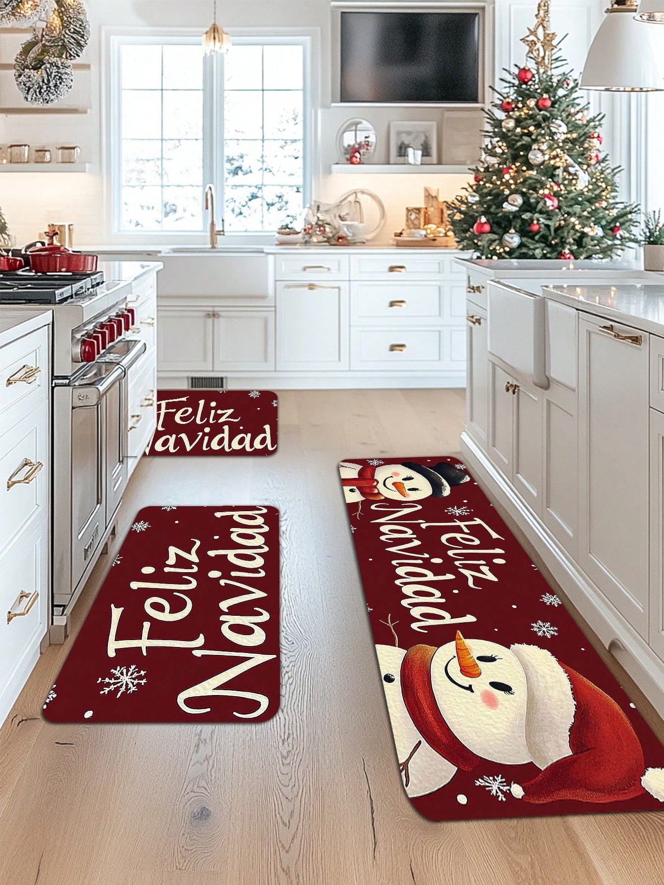 1/2 Pieces Spanish Christmas Kitchen Carpet Set, Feliz Christmas, Comfortable Christmas Element Patterned Door Mat, Machine Washable, Non Slip, Soft Polyester Mat, Used For Home Vacation Decoration, Christmas Decoration Beige