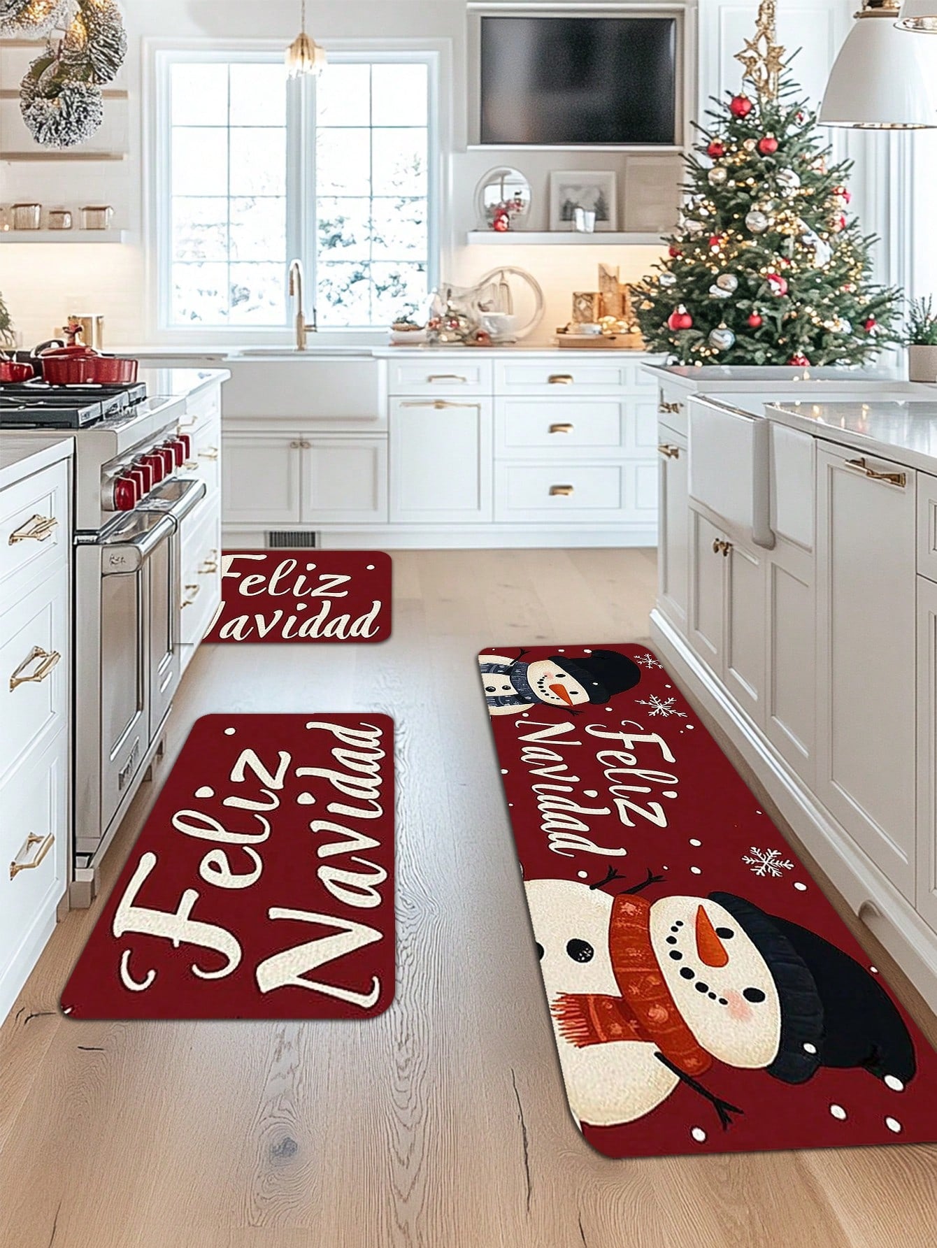 1/2 Pieces Spanish Christmas Kitchen Carpet Set, Feliz Christmas, Comfortable Christmas Element Patterned Door Mat, Machine Washable, Non Slip, Soft Polyester Mat, Used For Home Vacation Decoration, Christmas Decoration Beige