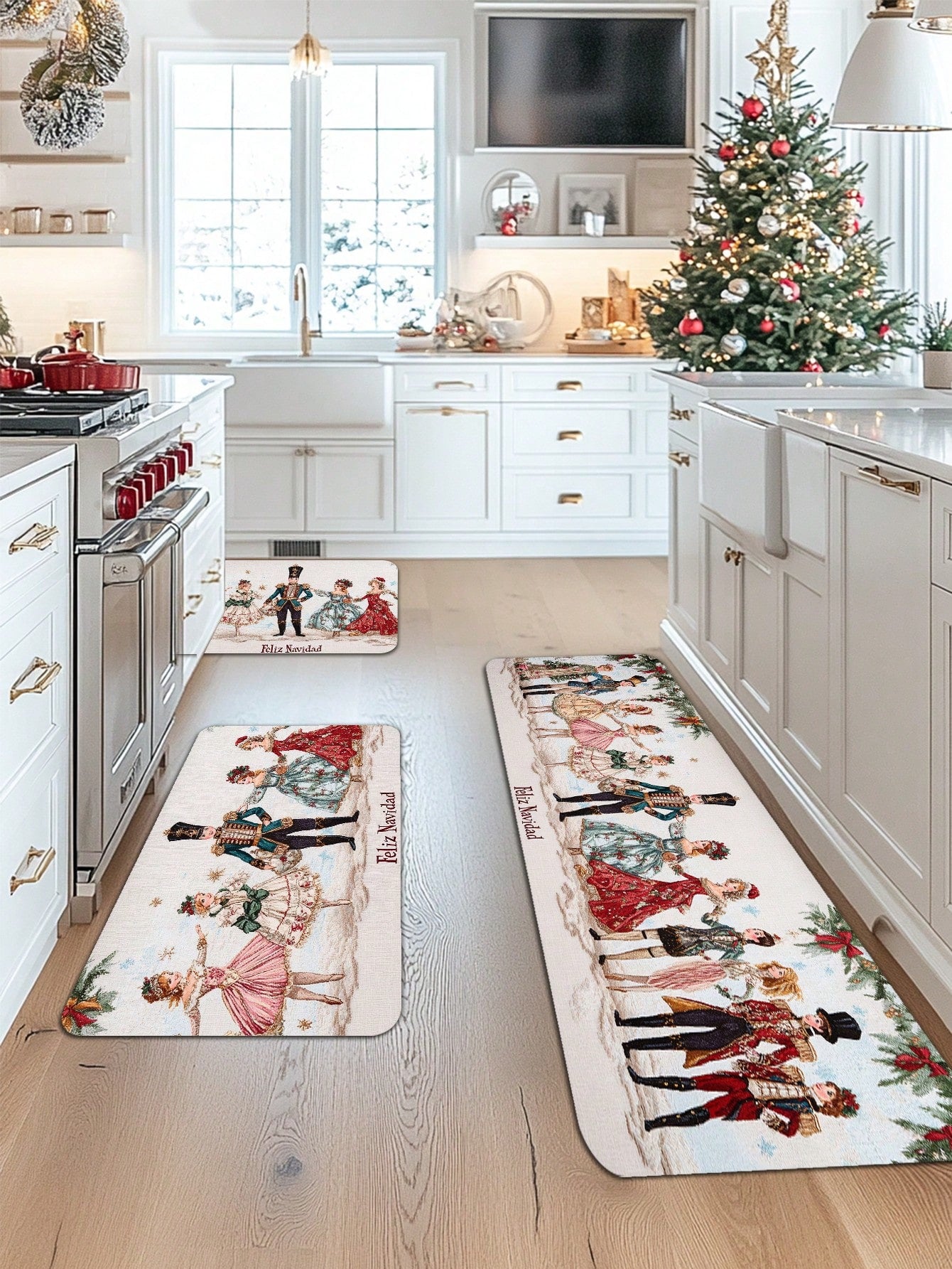 1/2 Pieces Spanish Christmas Kitchen Carpet Set, Feliz Christmas, Comfortable Christmas Element Patterned Door Mat, Machine Washable, Non Slip, Soft Polyester Mat, Used For Home Vacation Decoration, Christmas Decoration Beige