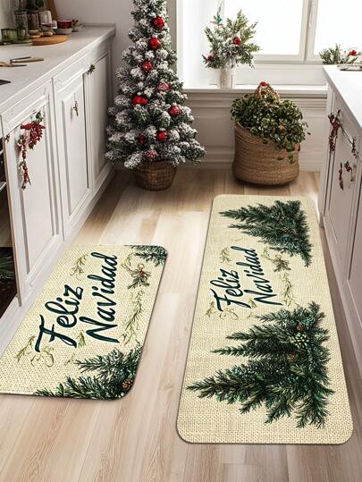 1/2 Pieces Spanish Christmas Kitchen Carpet Set, Feliz Christmas, Comfortable Christmas Element Patterned Door Mat, Machine Washable, Non Slip, Soft Polyester Mat, Used For Home Vacation Decoration, Christmas Decoration Beige