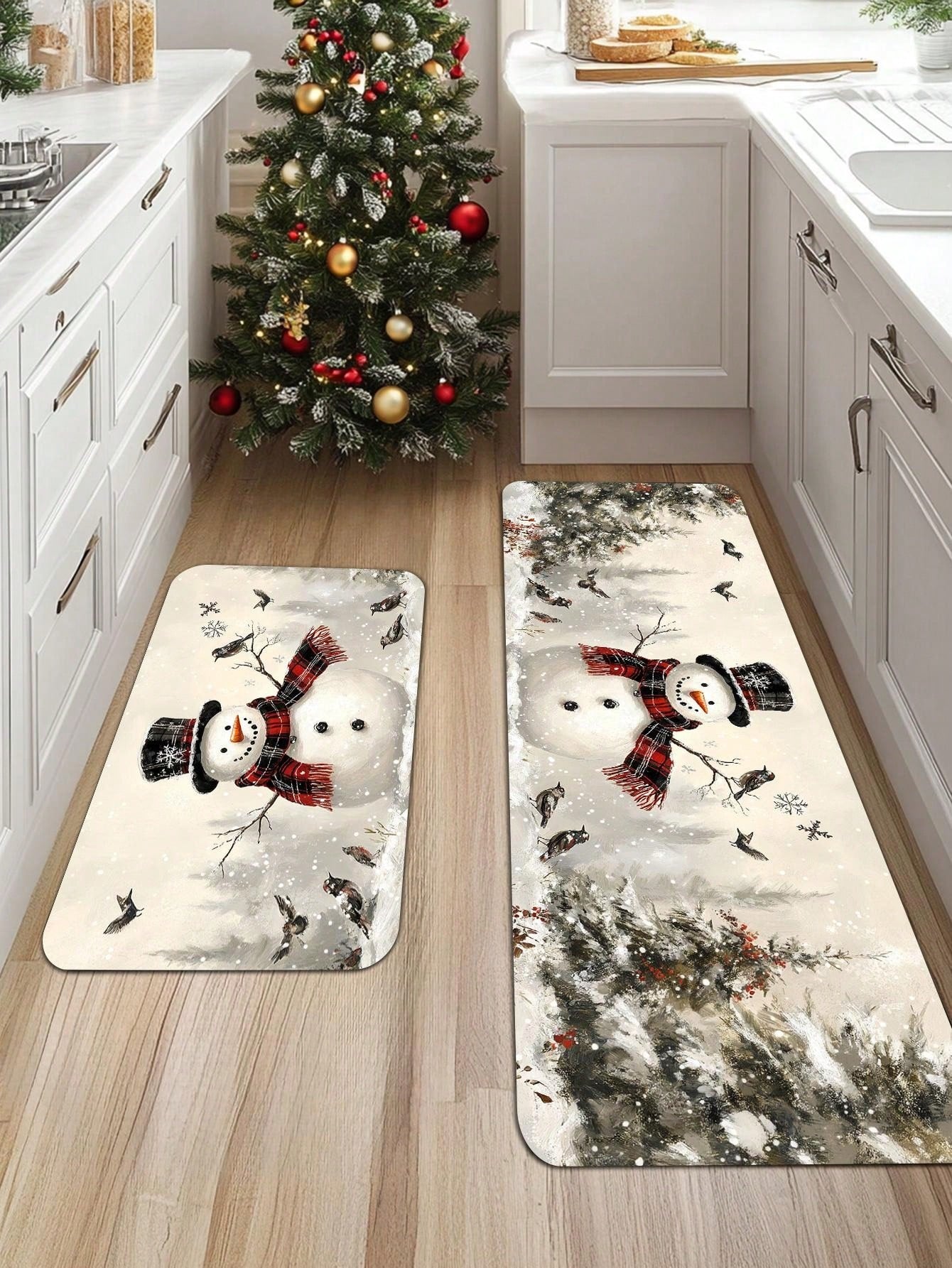 1/2 Pieces Spanish Christmas Kitchen Carpet Set, Feliz Christmas, Comfortable Christmas Element Patterned Door Mat, Machine Washable, Non Slip, Soft Polyester Mat, Used For Home Vacation Decoration, Christmas Decoration Beige