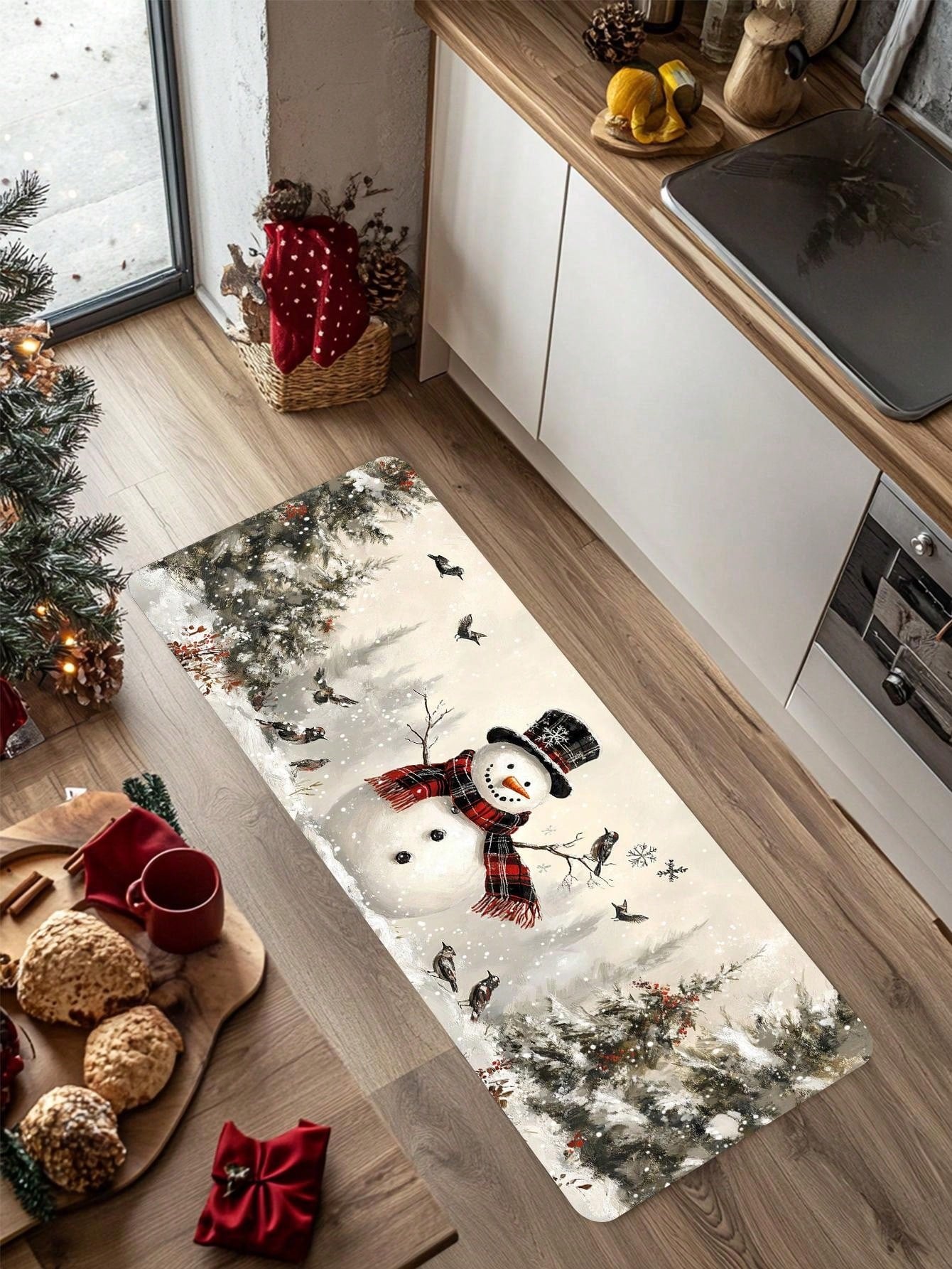 1/2 Pieces Spanish Christmas Kitchen Carpet Set, Feliz Christmas, Comfortable Christmas Element Patterned Door Mat, Machine Washable, Non Slip, Soft Polyester Mat, Used For Home Vacation Decoration, Christmas Decoration Beige