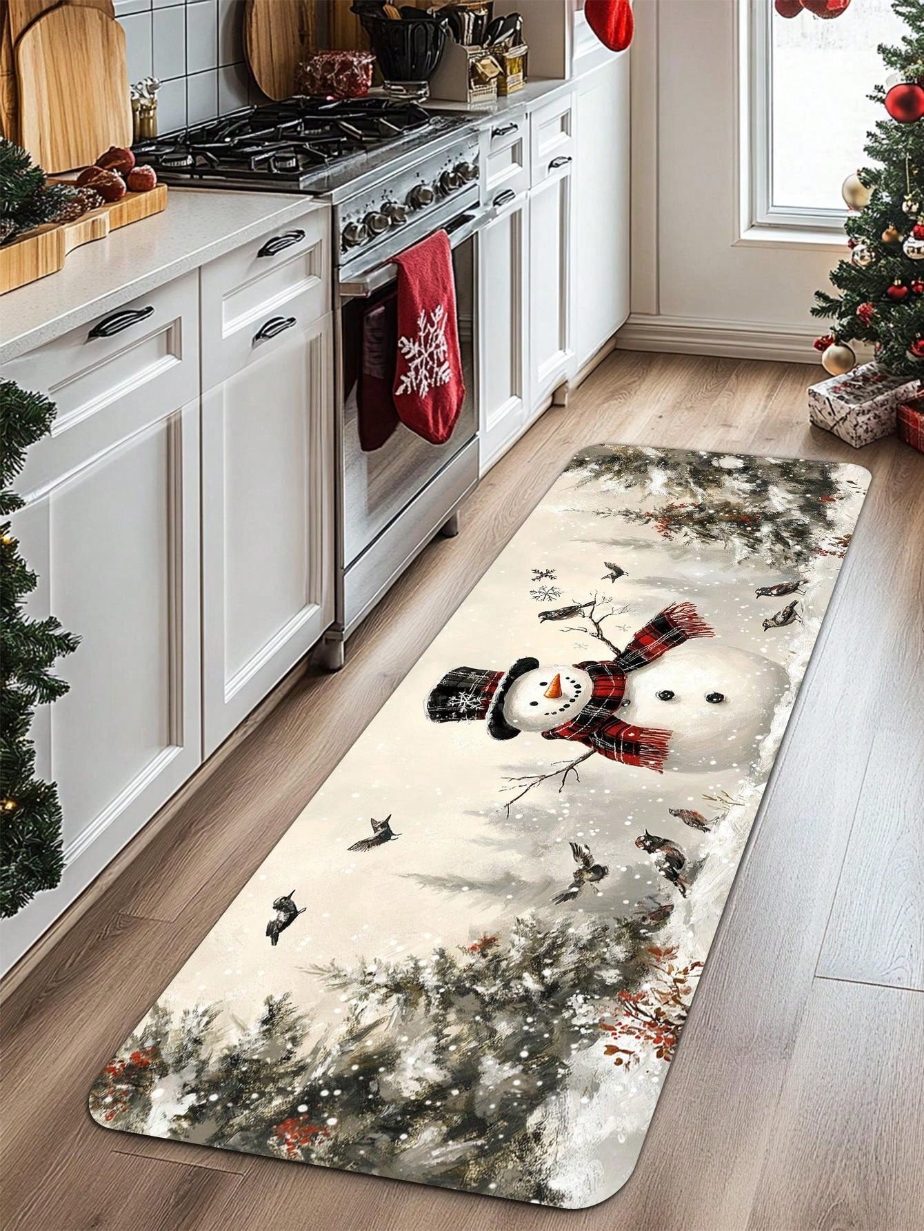 1/2 Pieces Spanish Christmas Kitchen Carpet Set, Feliz Christmas, Comfortable Christmas Element Patterned Door Mat, Machine Washable, Non Slip, Soft Polyester Mat, Used For Home Vacation Decoration, Christmas Decoration Beige