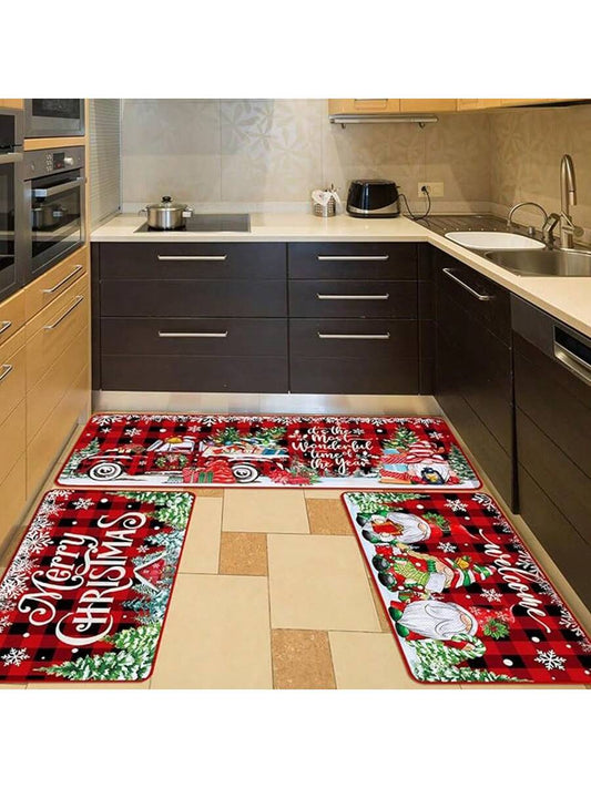 3pc Set Christmas Kitchen Mats, Washable Non-Slip Kitchen Rugs, Waterproof Kitchen Carpet And Doormats, Farmhouse Holiday Kitchen Decor, Suitable For Home Floor Office Bathroom Christmas Party Country Decor (Gnomes), Red Red