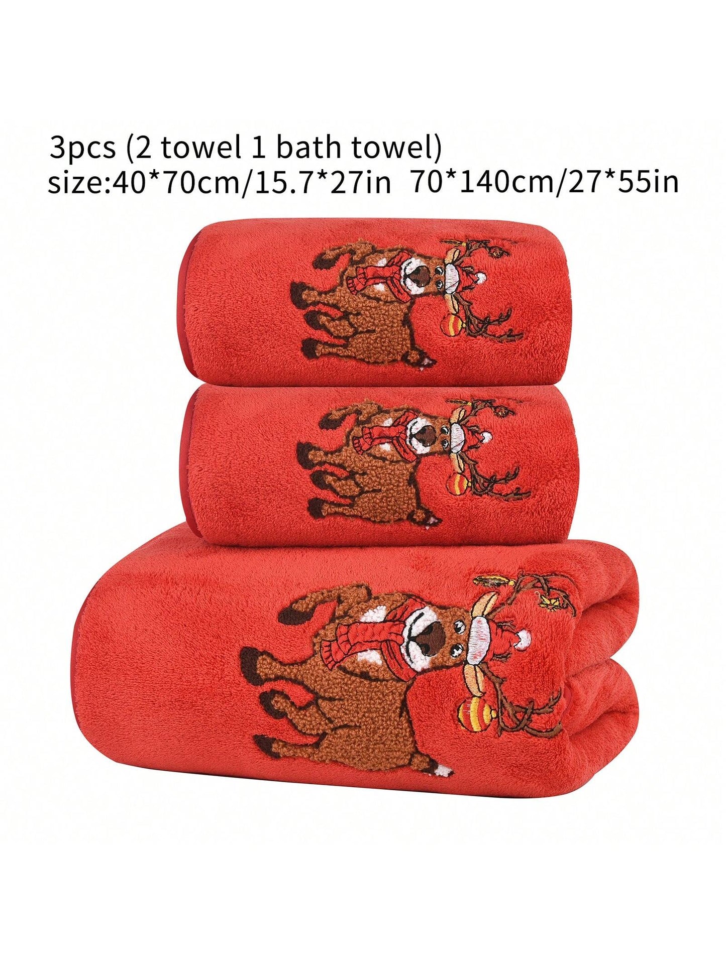 3pcs Christmas Coral Fleece 3D Embroidered Elk Towel Set, 1 Bath Towel 2 Towels, Holiday Red Kitchen Towels Christmas Gift Holiday Bathroom Decor Essentials Red