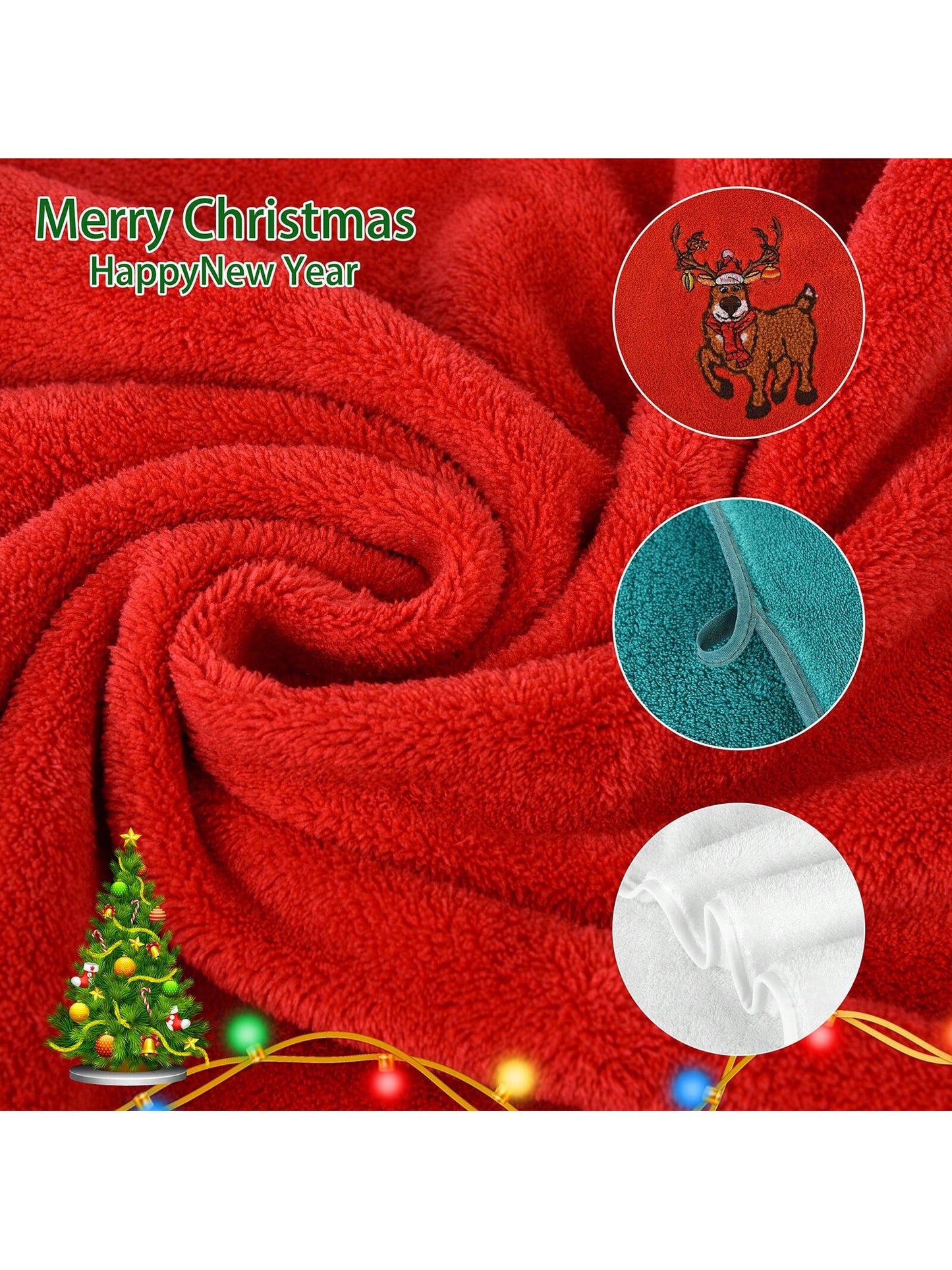 3pcs Christmas Coral Fleece 3D Embroidered Elk Towel Set, 1 Bath Towel 2 Towels, Holiday Red Kitchen Towels Christmas Gift Holiday Bathroom Decor Essentials Red