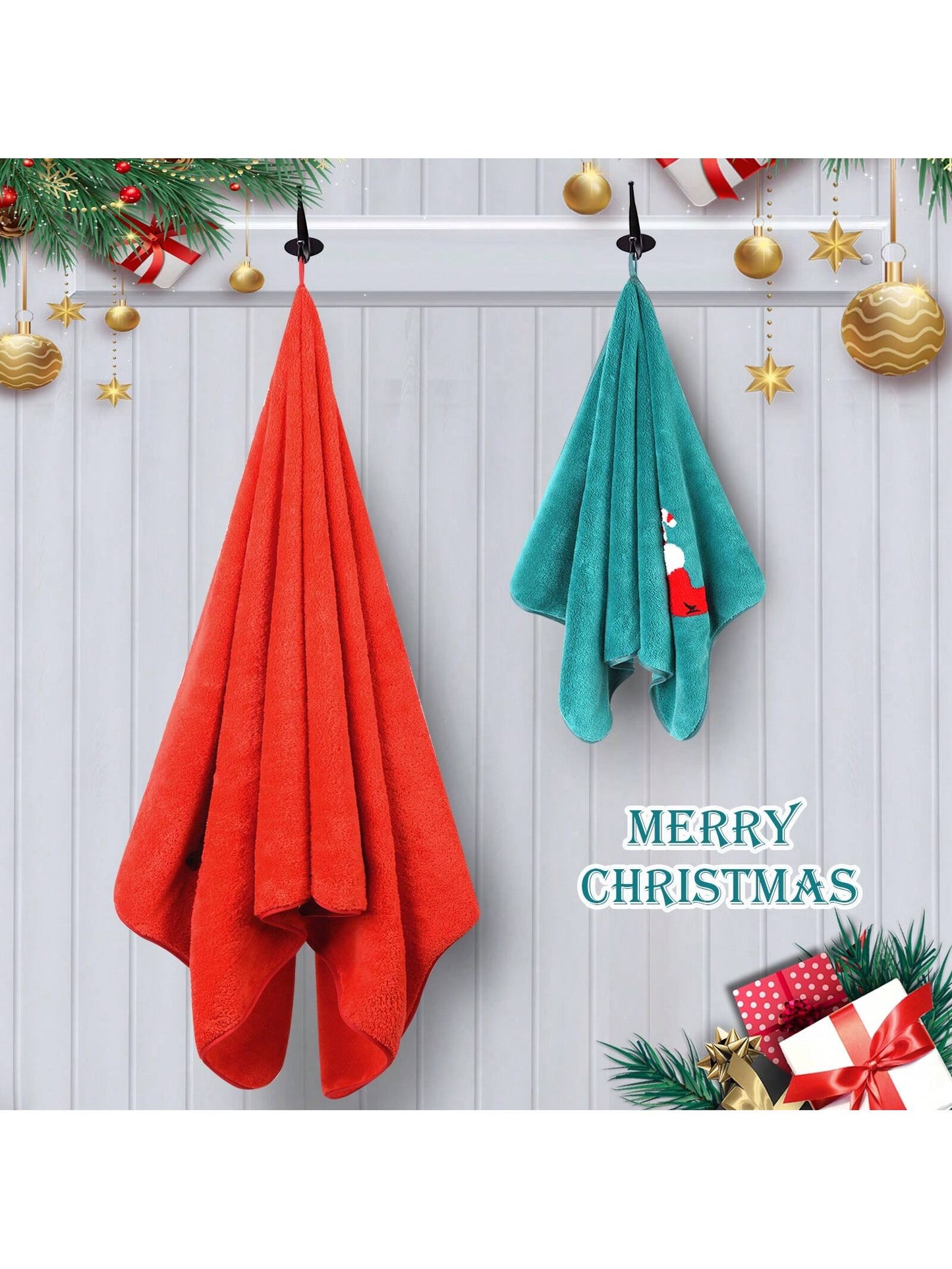 3pcs Christmas Coral Fleece 3D Embroidered Elk Towel Set, 1 Bath Towel 2 Towels, Holiday Red Kitchen Towels Christmas Gift Holiday Bathroom Decor Essentials Red