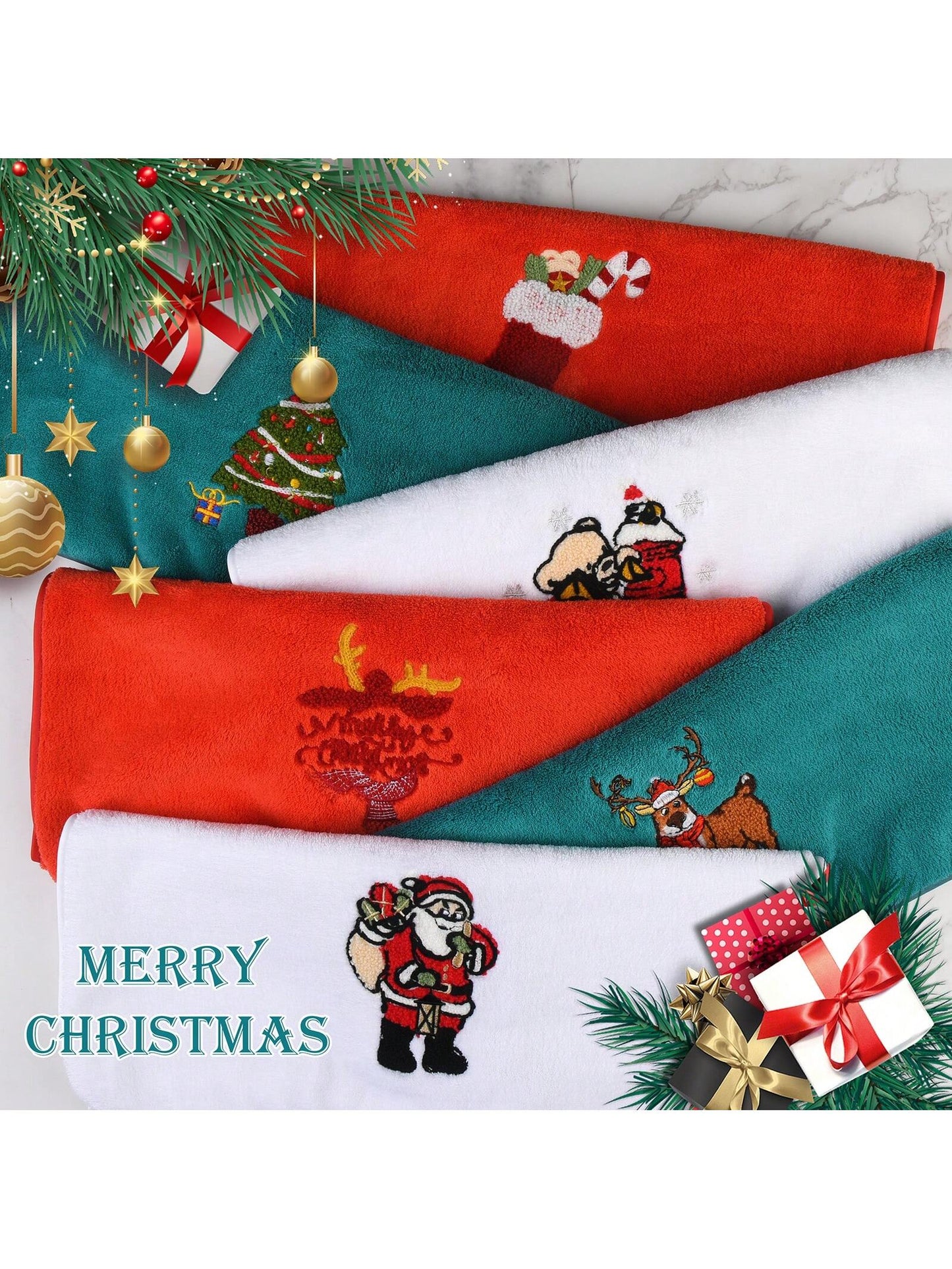 3pcs Christmas Coral Fleece 3D Embroidered Elk Towel Set, 1 Bath Towel 2 Towels, Holiday Red Kitchen Towels Christmas Gift Holiday Bathroom Decor Essentials Red