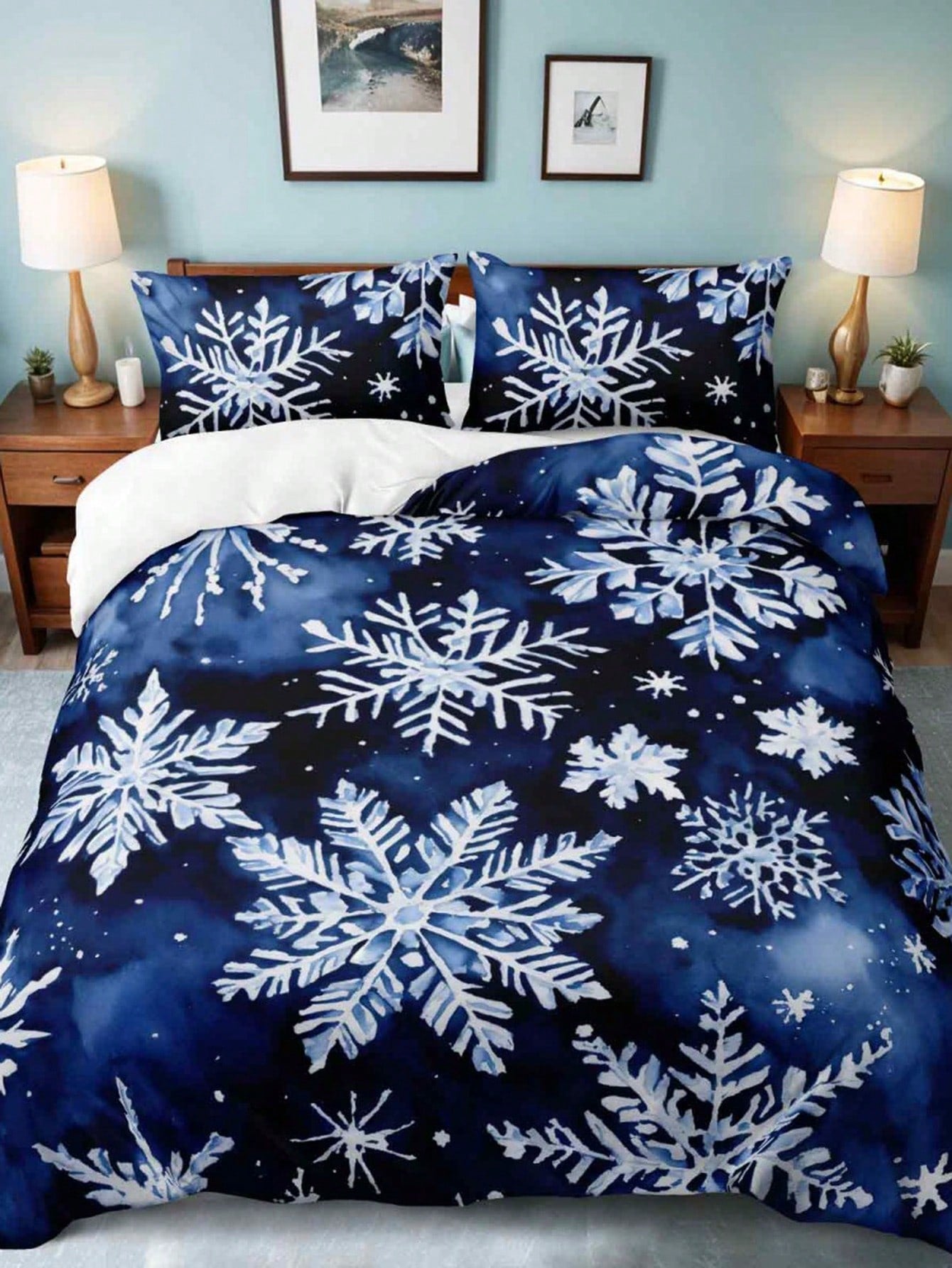 Christmas Bedding Set Blue Snowflakes Christmas Duvet Cover Set, Christmas Printed 3 Pieces Christmas Room Decorations Comforter Cover Soft Microfiber Duvet Cover For Boys Girls 2 Pillowcases No Comforter Gifts For Christmas Blue