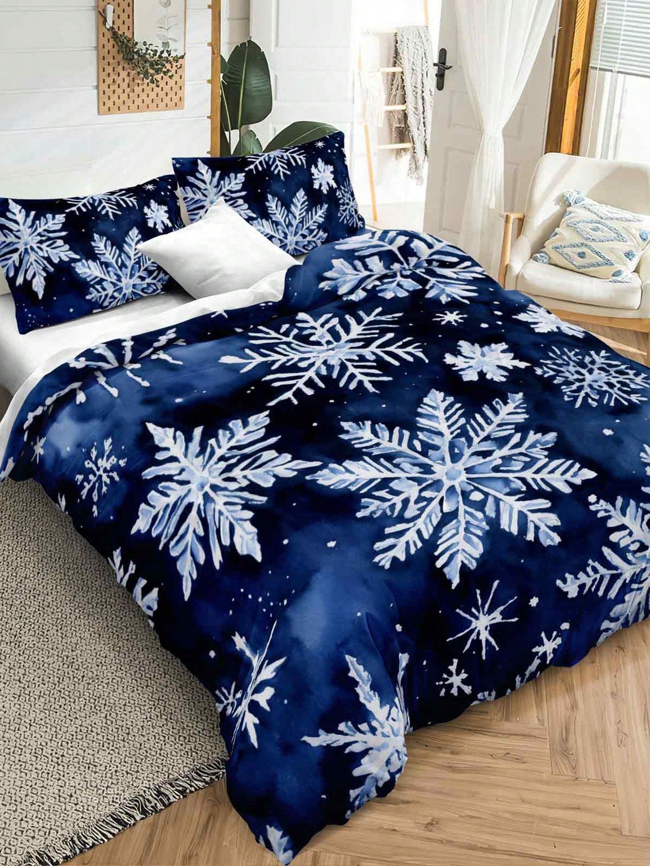 Christmas Bedding Set Blue Snowflakes Christmas Duvet Cover Set, Christmas Printed 3 Pieces Christmas Room Decorations Comforter Cover Soft Microfiber Duvet Cover For Boys Girls 2 Pillowcases No Comforter Gifts For Christmas Blue