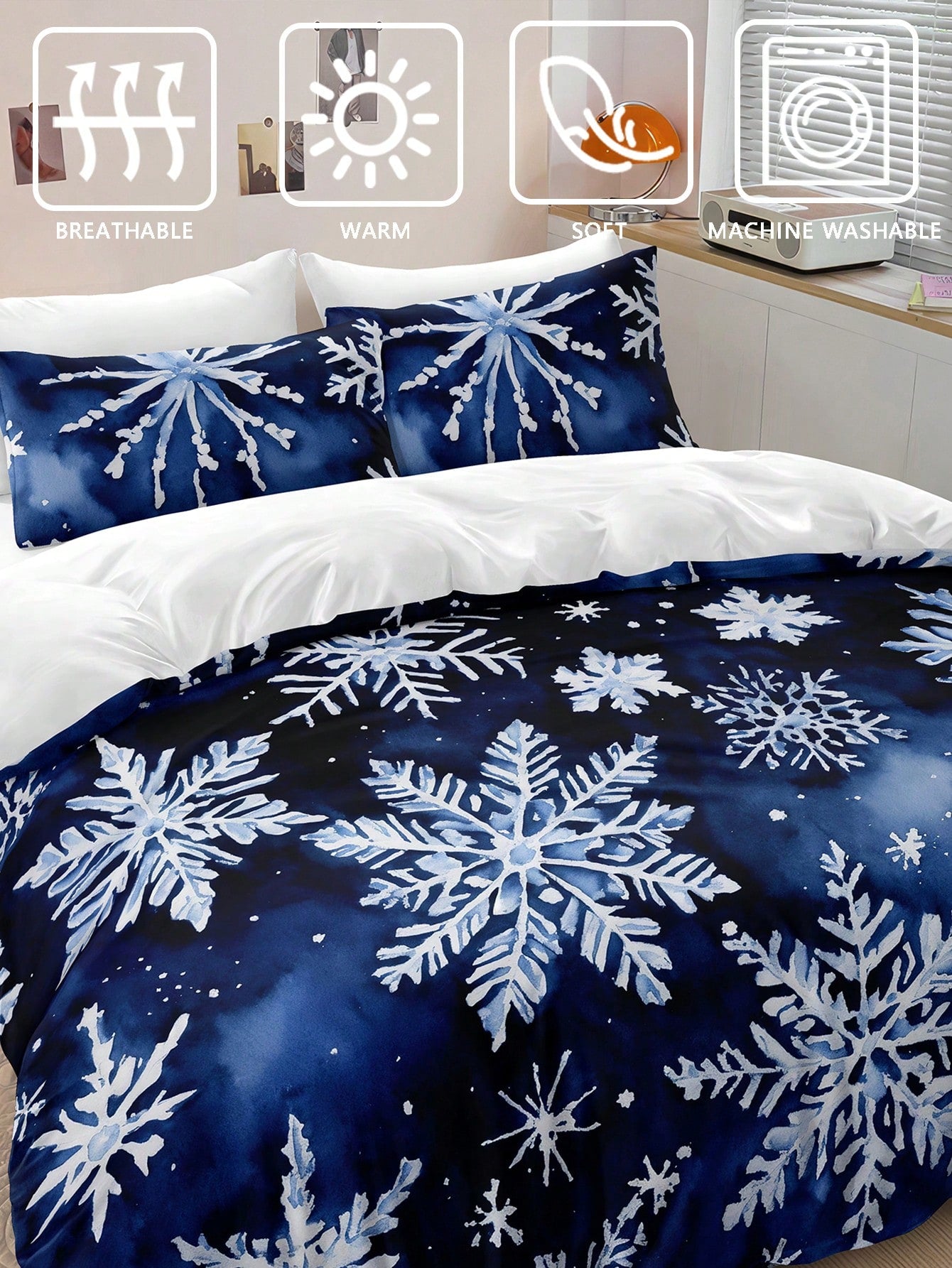 Christmas Bedding Set Blue Snowflakes Christmas Duvet Cover Set, Christmas Printed 3 Pieces Christmas Room Decorations Comforter Cover Soft Microfiber Duvet Cover For Boys Girls 2 Pillowcases No Comforter Gifts For Christmas Blue