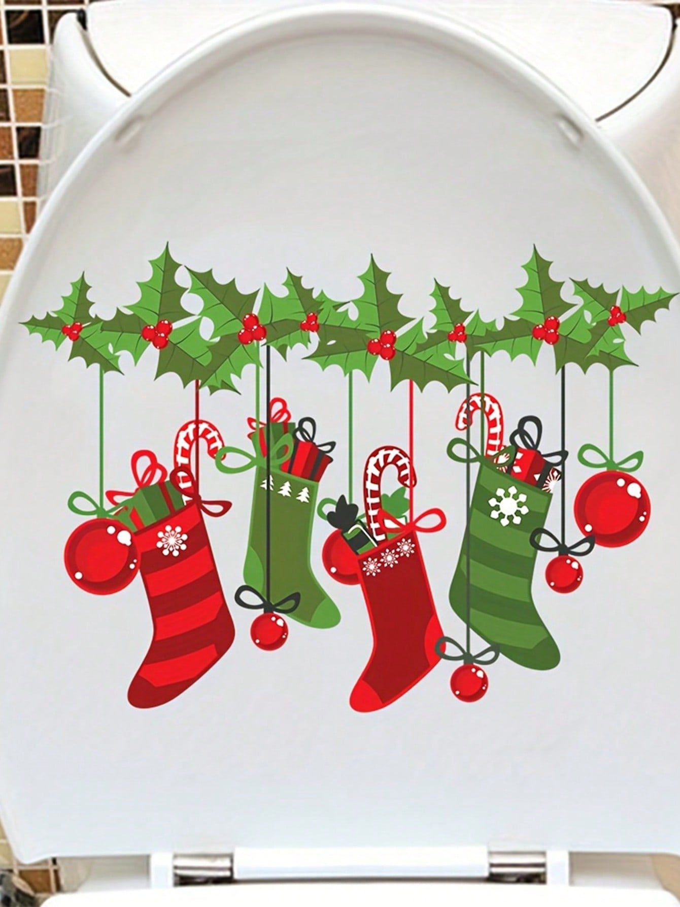 1 Pc Christmas Stocking Sticker With PVC Self-Adhesive Design, Suitable For Living Room, Bedroom, Hallway, Bathroom And Toilet, Smooth Surface, Asymmetrical Shape, Christmas Theme, Removable Design Multicolor