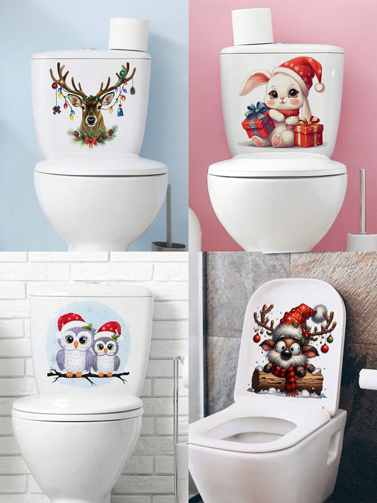 1pc Christmas Decoration Toilet Seat Sticker With Small Animal Pattern For Christmas, Self-Adhesive Sticker With Reindeer Rabbit, Waterproof And Removable PVC Bathroom Decoration Toilet Seat Sticker Multicolor