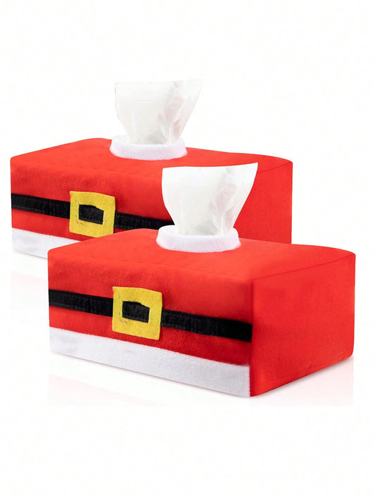 2pcs/Set Christmas Tissue Box Cover Rectangular Santa Claus Belt Tissue Holder Paper Towel Holder Christmas Themed Car Tissues Box For Car, Living Room, Kitchen, Christmas Winter Party Decor Multicolor