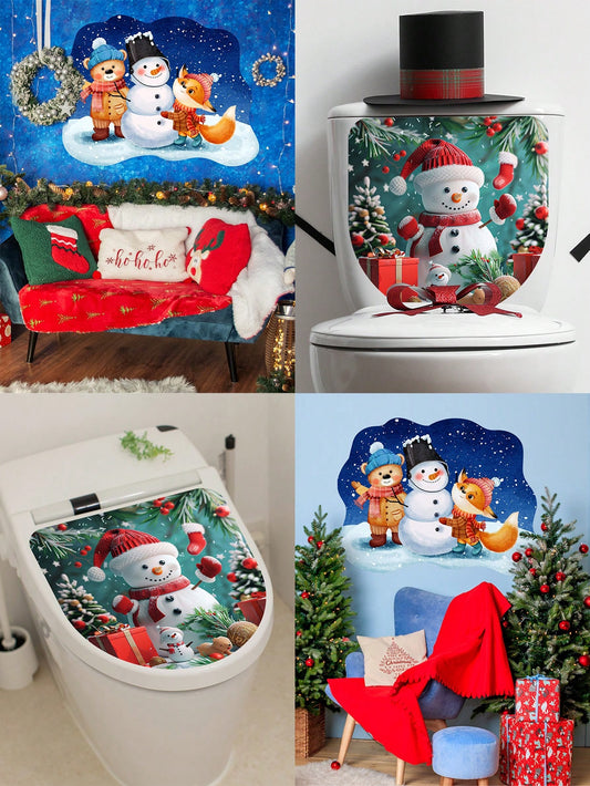 1pc/1set/2pcs/1set/3pcs Christmas Toilet Sticker, Faux Scarf Snowman, Hand-Painted Snowy Landscape Snowman, Bear, Fox, For Living Room, Bedroom, Bathroom, Toilet Seat Cover Decoration, Christmas Holiday Home Decor Sticker Multicolor