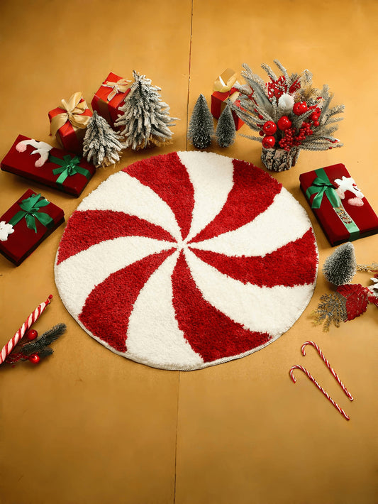 Christmas Bathroom Rugs Washable Round Bath Mats Winter Red White Candy Bath Mats Area Non Slip Absorbent Carpets Doormat With Backing For Tub Living Dining Holiday Bedroom Nursery Red and White