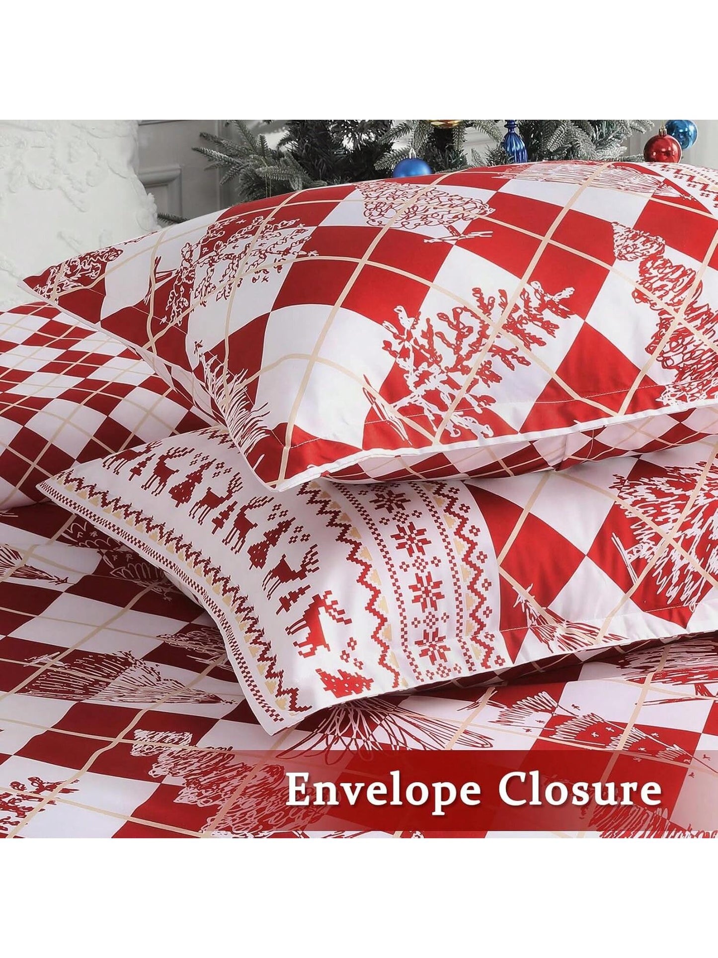 Christmas Duvet Cover Set | Red Checkered Design With Christmas Tree Print – Soft, Breathable Bedding For Festive Decor Red