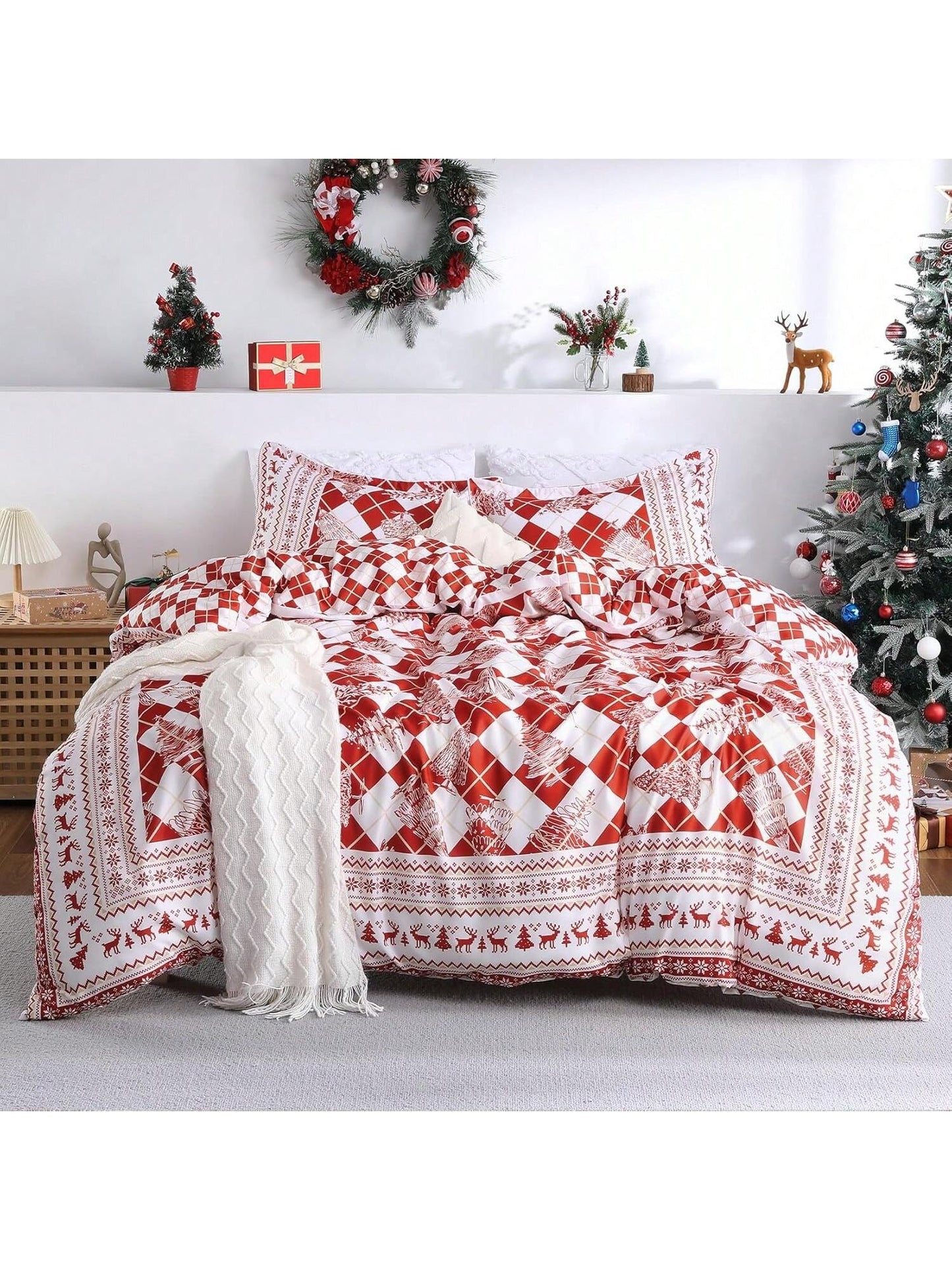 Christmas Duvet Cover Set | Red Checkered Design With Christmas Tree Print – Soft, Breathable Bedding For Festive Decor Red