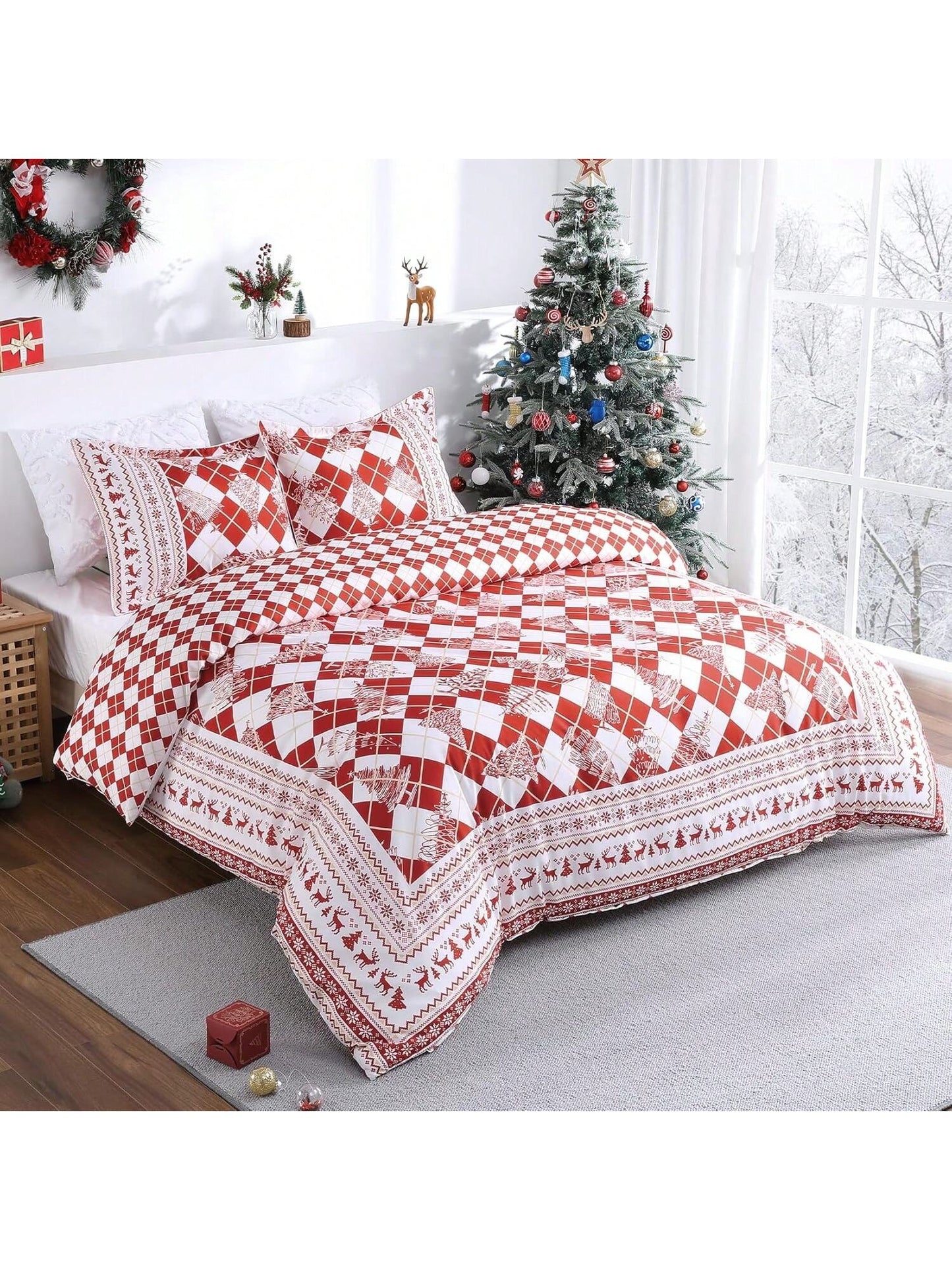 Christmas Duvet Cover Set | Red Checkered Design With Christmas Tree Print – Soft, Breathable Bedding For Festive Decor Red