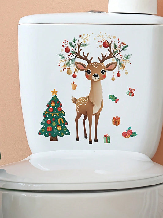 1 Pc Christmas Toilet Decoration - Self-Adhesive, Removable, Waterproof And Easy-To-Clean Decoration Featuring Festive Christmas Tree And Reindeer Graphics For A Cheerful Holiday Home Makeover Multicolor