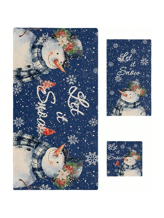 Christmas Blue Bath Towels For Bathroom Set - Luxury Microfiber Towels Gifts For Women,Quick Dry Beach Kitchen Hand Hair Face Towel And Dish Washcloth,Winter Snowman Snowflake Bird Retro Towels+Set 1