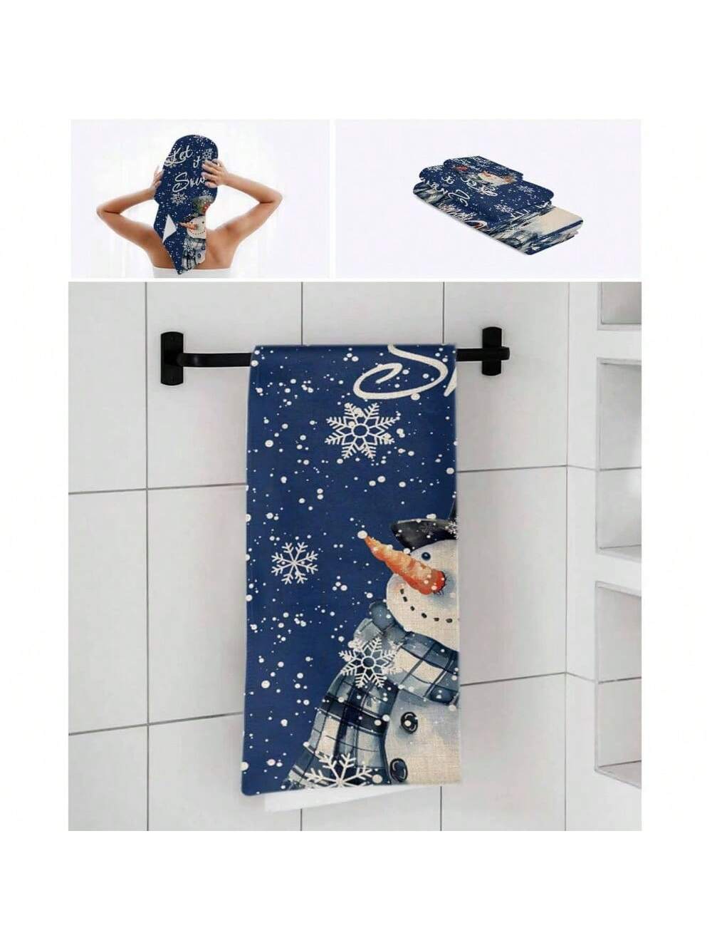 Christmas Blue Bath Towels For Bathroom Set - Luxury Microfiber Towels Gifts For Women,Quick Dry Beach Kitchen Hand Hair Face Towel And Dish Washcloth,Winter Snowman Snowflake Bird Retro Towels+Set 1