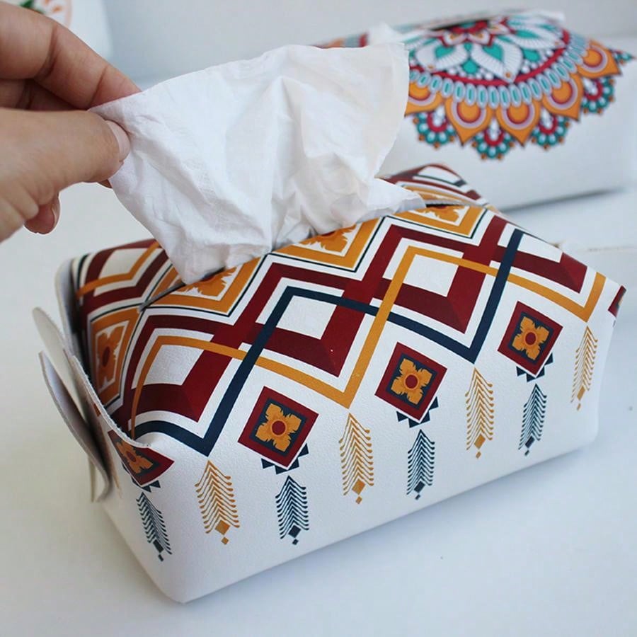 1pc Hanging Car Tissue Box, Modern Minimalist PVC Leather Tissue Holder, Bohemian Style Black & White Solid Color Tissue Holder Multicolor