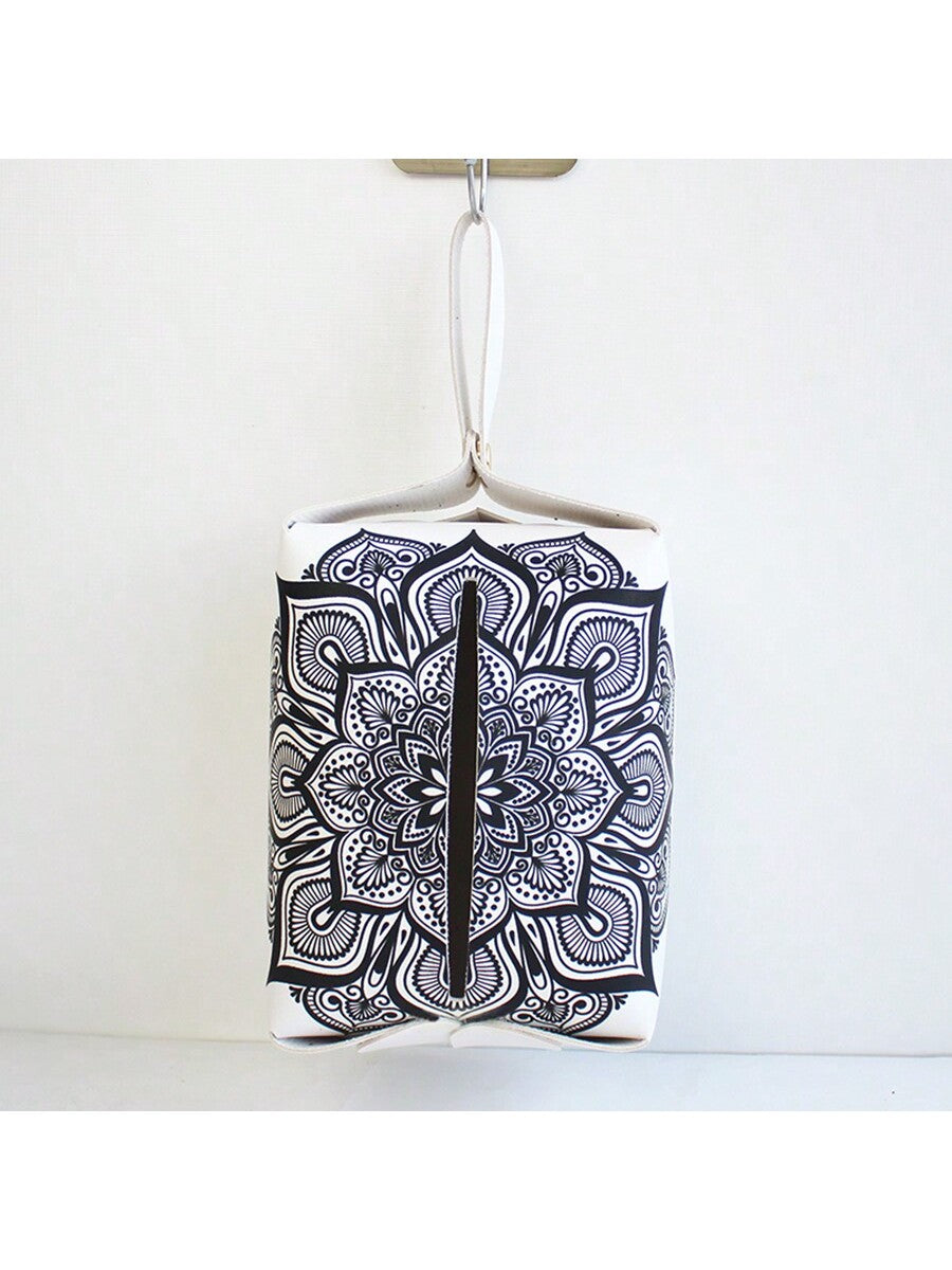 1pc Hanging Car Tissue Box, Modern Minimalist PVC Leather Tissue Holder, Bohemian Style Black & White Solid Color Tissue Holder Multicolor