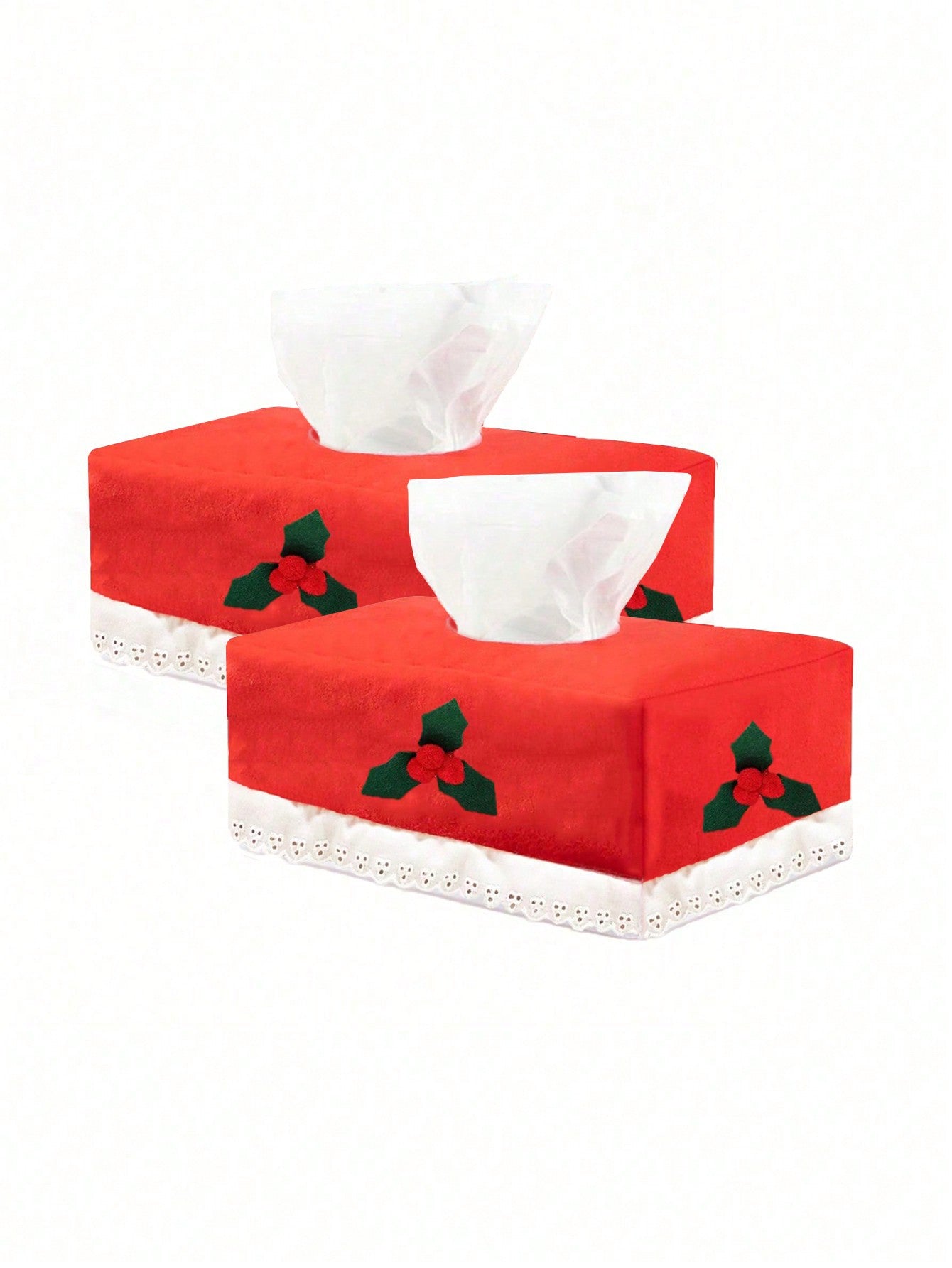 1pc Christmas Tissue Box Cover Rectangular Lace Red Berries Leaves Tissue Holder Paper Towel Holder Christmas Themed Car Tissues Box For Car, Living Room, Kitchen, Christmas Winter Party Decor Leaf