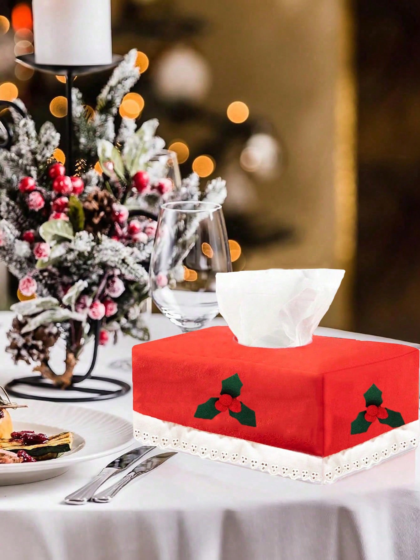 1pc Christmas Tissue Box Cover Rectangular Lace Red Berries Leaves Tissue Holder Paper Towel Holder Christmas Themed Car Tissues Box For Car, Living Room, Kitchen, Christmas Winter Party Decor Leaf