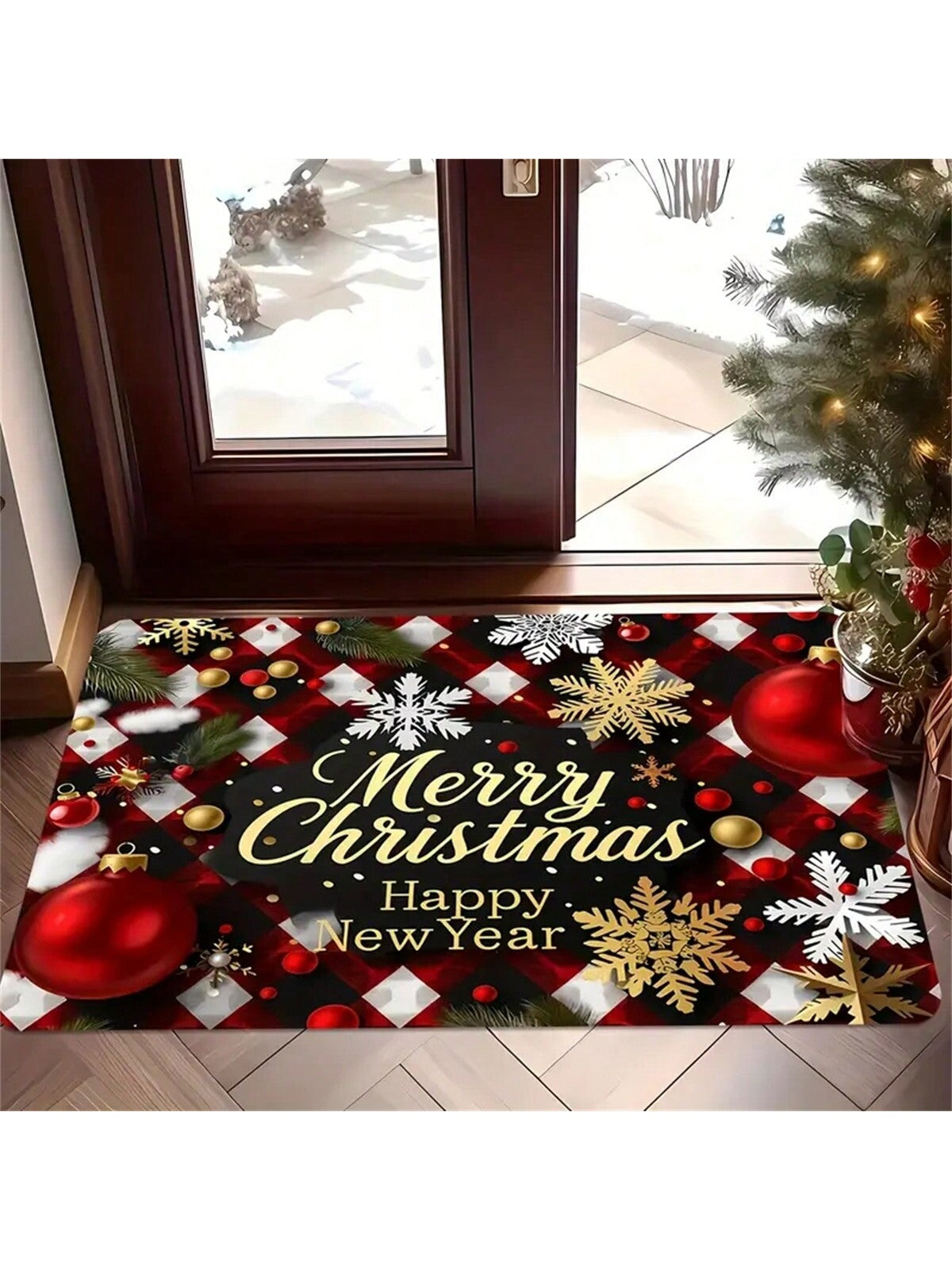 1pc Christmas Holiday Doormat, Holiday Print, Super Soft Flannel, Non-Slip, Machine Washable, Rectangular, Polyester, Indoor/Outdoor Use, Farmhouse Kitchen Patio Rug, Bathroom Entry Rug, Rustic Camper Design, Modern Style DS-2