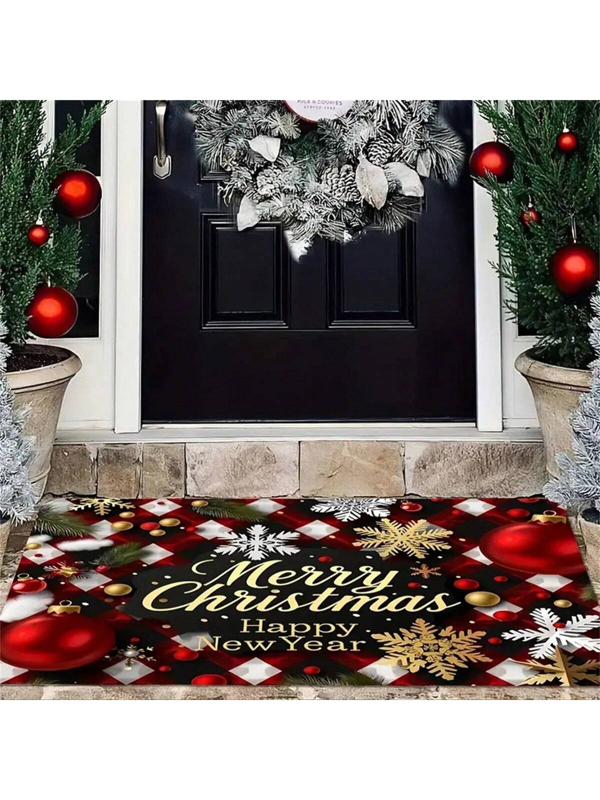 1pc Christmas Holiday Doormat, Holiday Print, Super Soft Flannel, Non-Slip, Machine Washable, Rectangular, Polyester, Indoor/Outdoor Use, Farmhouse Kitchen Patio Rug, Bathroom Entry Rug, Rustic Camper Design, Modern Style DS-2