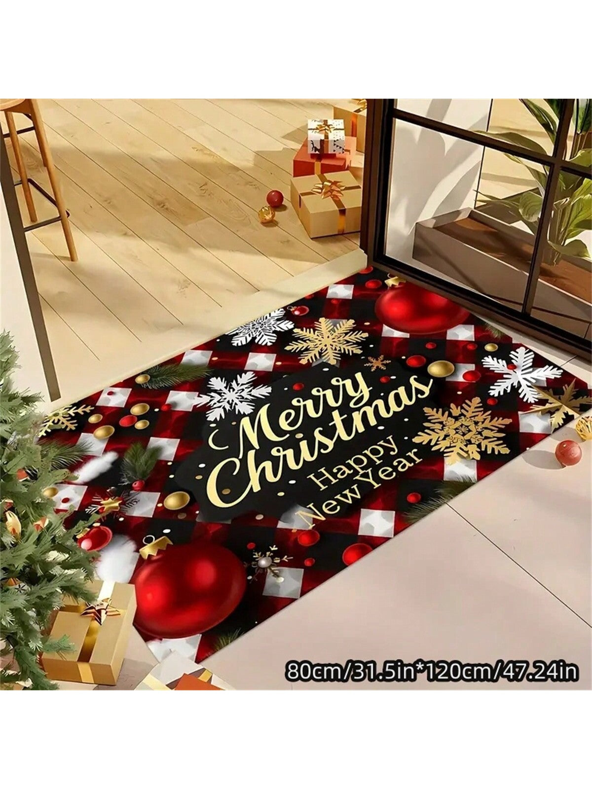 1pc Christmas Holiday Doormat, Holiday Print, Super Soft Flannel, Non-Slip, Machine Washable, Rectangular, Polyester, Indoor/Outdoor Use, Farmhouse Kitchen Patio Rug, Bathroom Entry Rug, Rustic Camper Design, Modern Style DS-2