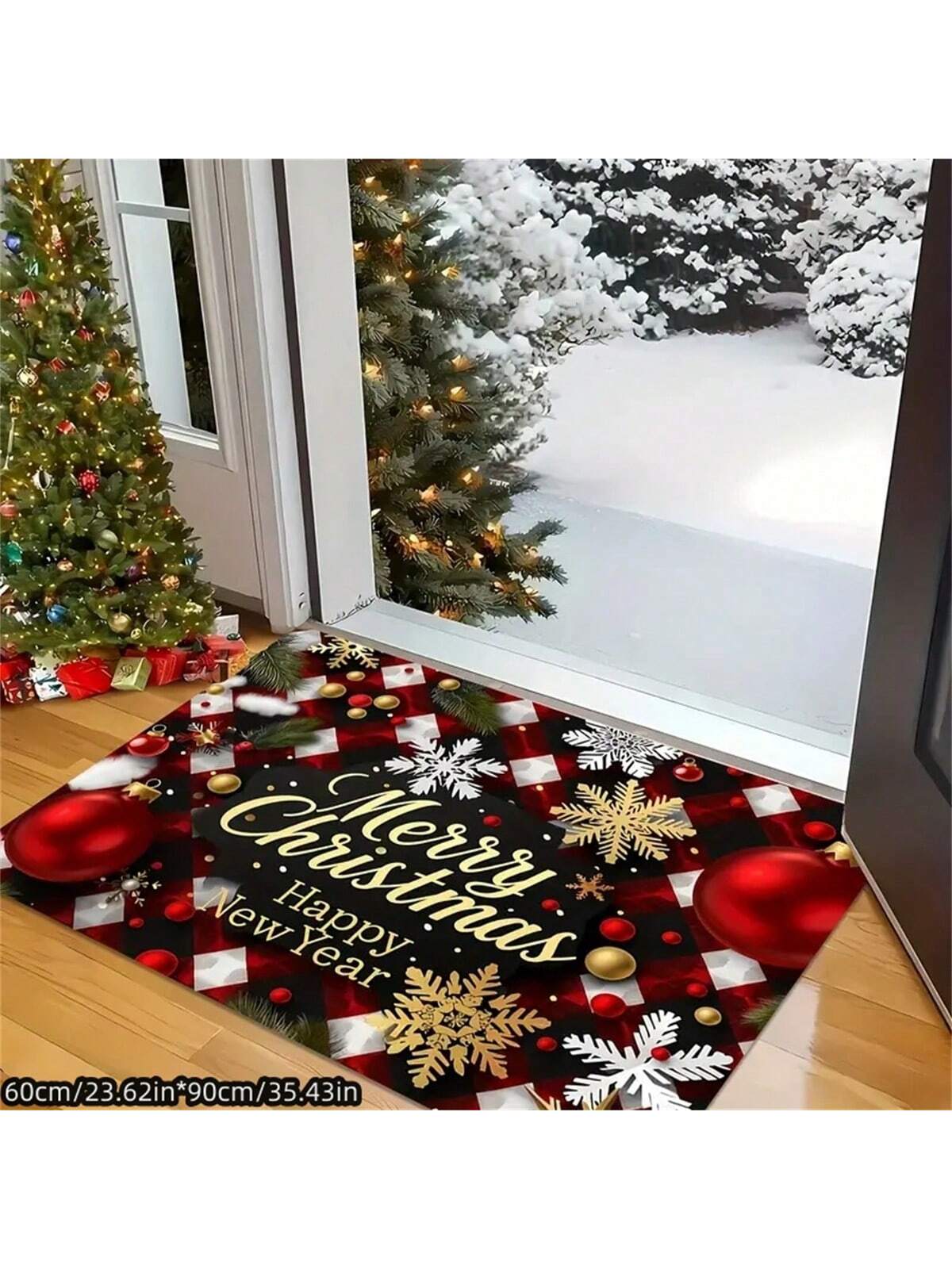 1pc Christmas Holiday Doormat, Holiday Print, Super Soft Flannel, Non-Slip, Machine Washable, Rectangular, Polyester, Indoor/Outdoor Use, Farmhouse Kitchen Patio Rug, Bathroom Entry Rug, Rustic Camper Design, Modern Style DS-2