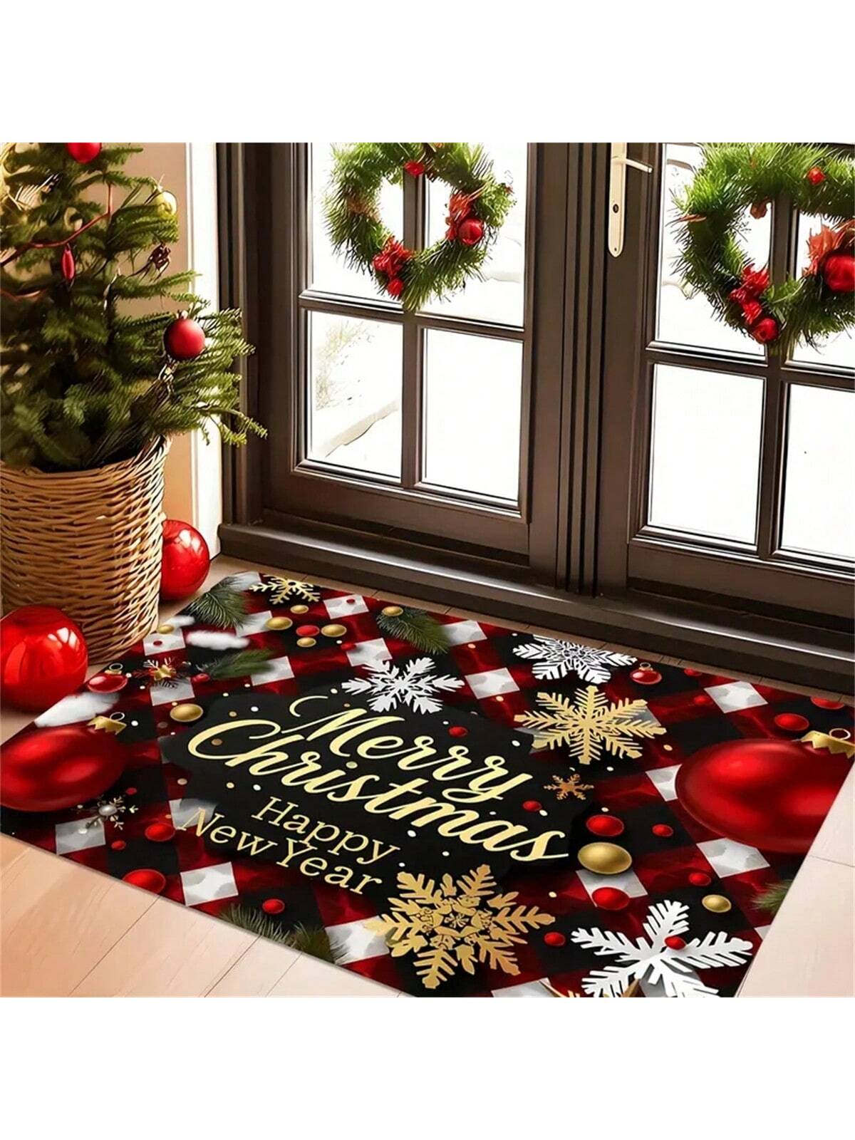 1pc Christmas Holiday Doormat, Holiday Print, Super Soft Flannel, Non-Slip, Machine Washable, Rectangular, Polyester, Indoor/Outdoor Use, Farmhouse Kitchen Patio Rug, Bathroom Entry Rug, Rustic Camper Design, Modern Style DS-2