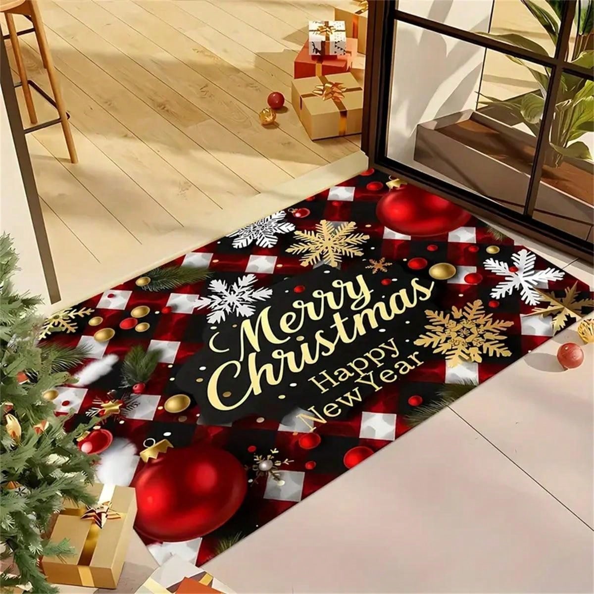 1pc Christmas Holiday Doormat, Holiday Print, Super Soft Flannel, Non-Slip, Machine Washable, Rectangular, Polyester, Indoor/Outdoor Use, Farmhouse Kitchen Patio Rug, Bathroom Entry Rug, Rustic Camper Design, Modern Style DS-2