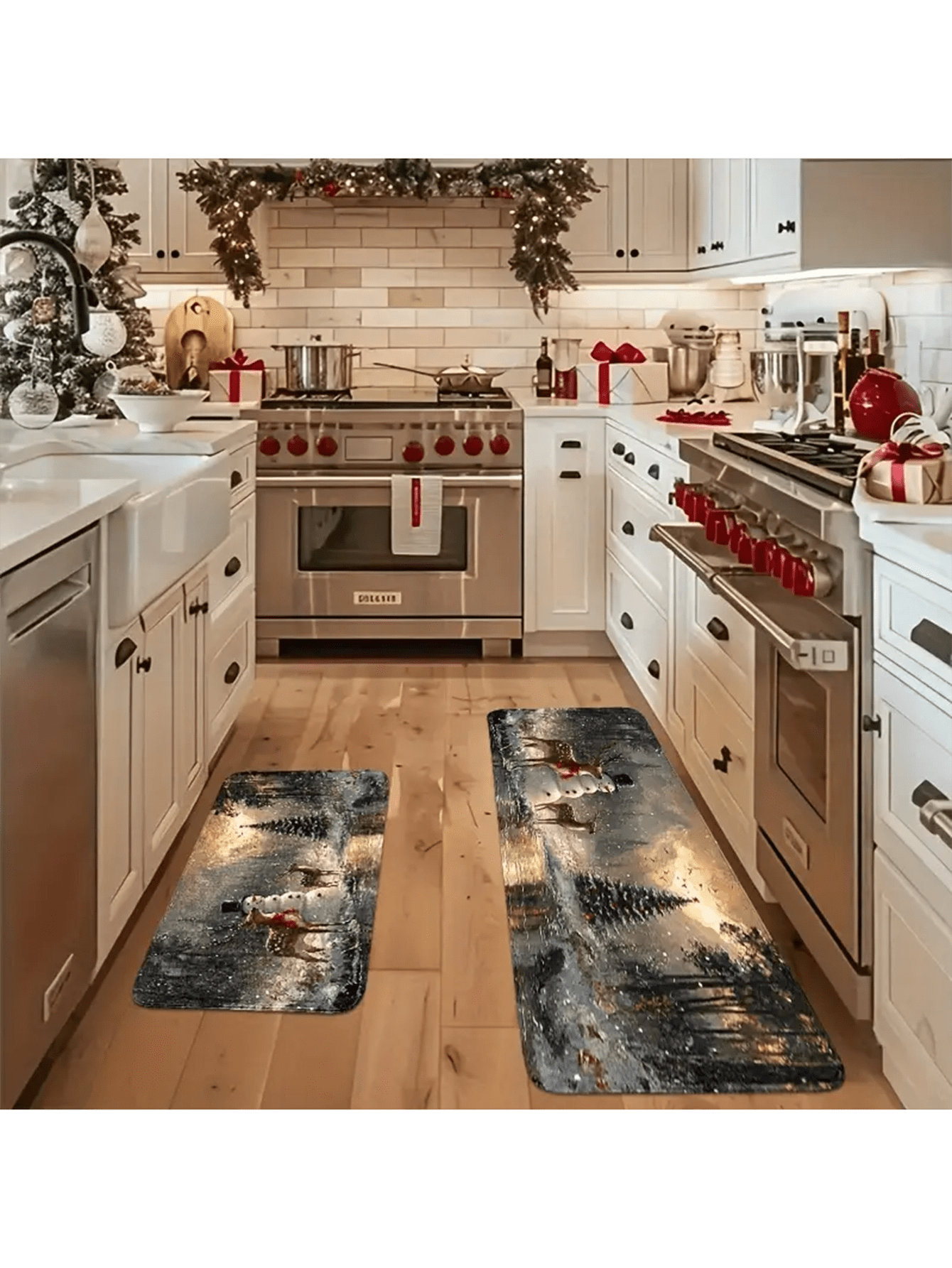 1 Christmas Kitchen Christmas Snowman Rug Set, Elk And Snowman Design, Soft And Comfortable, Machine Washable, Non-Slip, Easy To Clean Multicolor