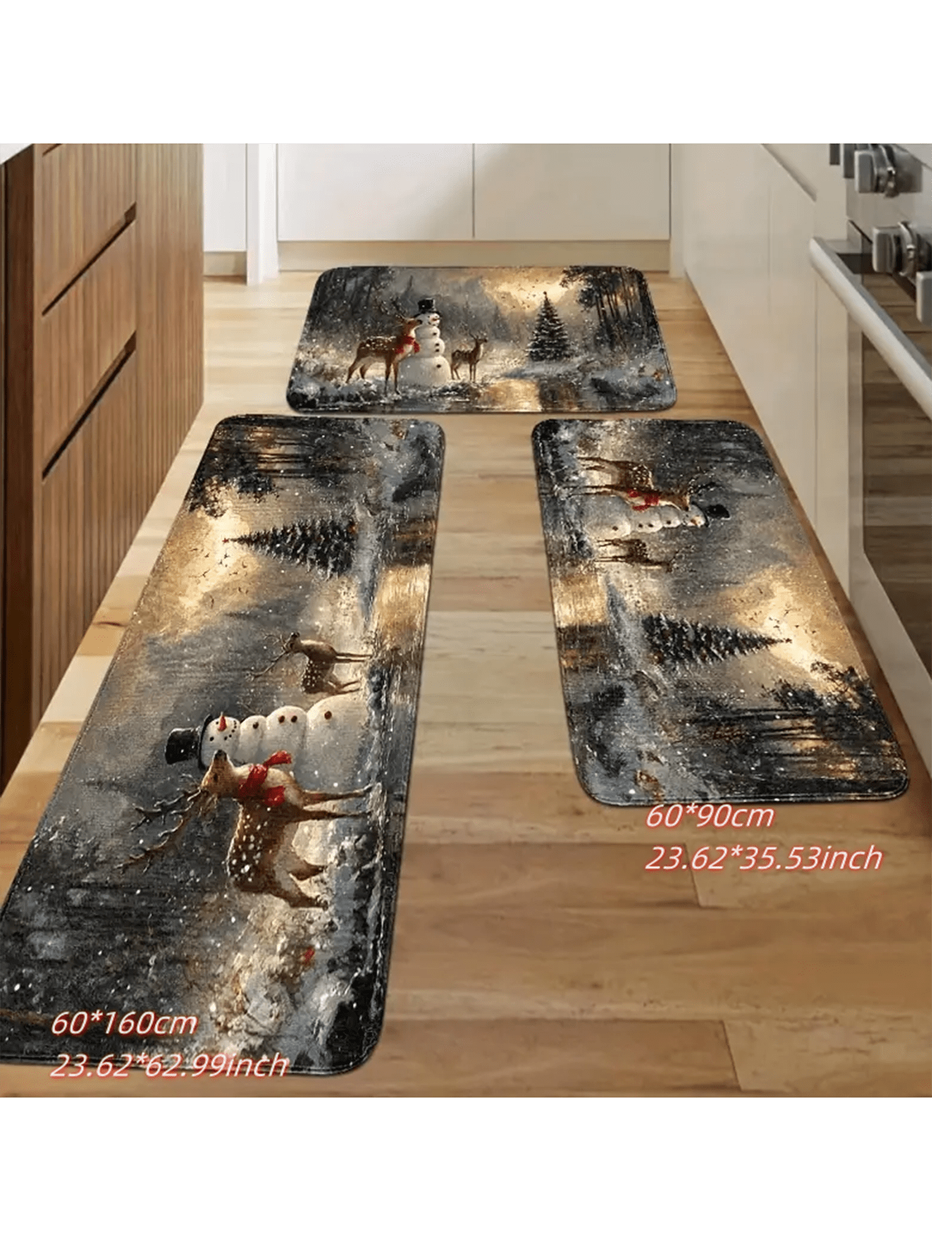 1 Christmas Kitchen Christmas Snowman Rug Set, Elk And Snowman Design, Soft And Comfortable, Machine Washable, Non-Slip, Easy To Clean Multicolor