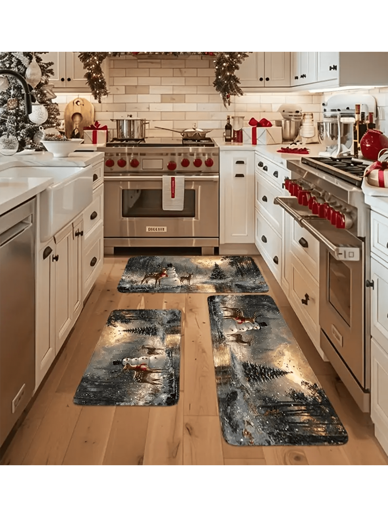 1 Christmas Kitchen Christmas Snowman Rug Set, Elk And Snowman Design, Soft And Comfortable, Machine Washable, Non-Slip, Easy To Clean Multicolor