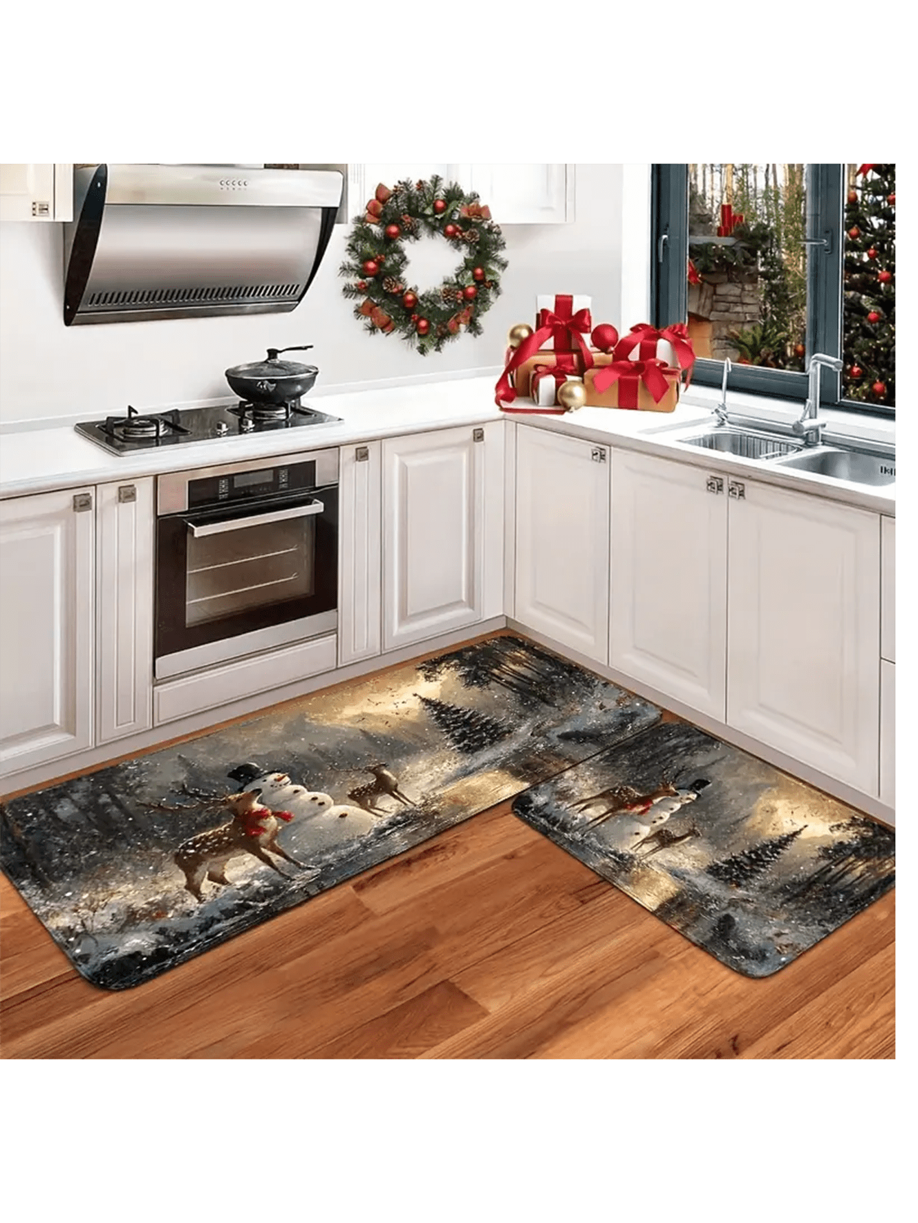 1 Christmas Kitchen Christmas Snowman Rug Set, Elk And Snowman Design, Soft And Comfortable, Machine Washable, Non-Slip, Easy To Clean Multicolor