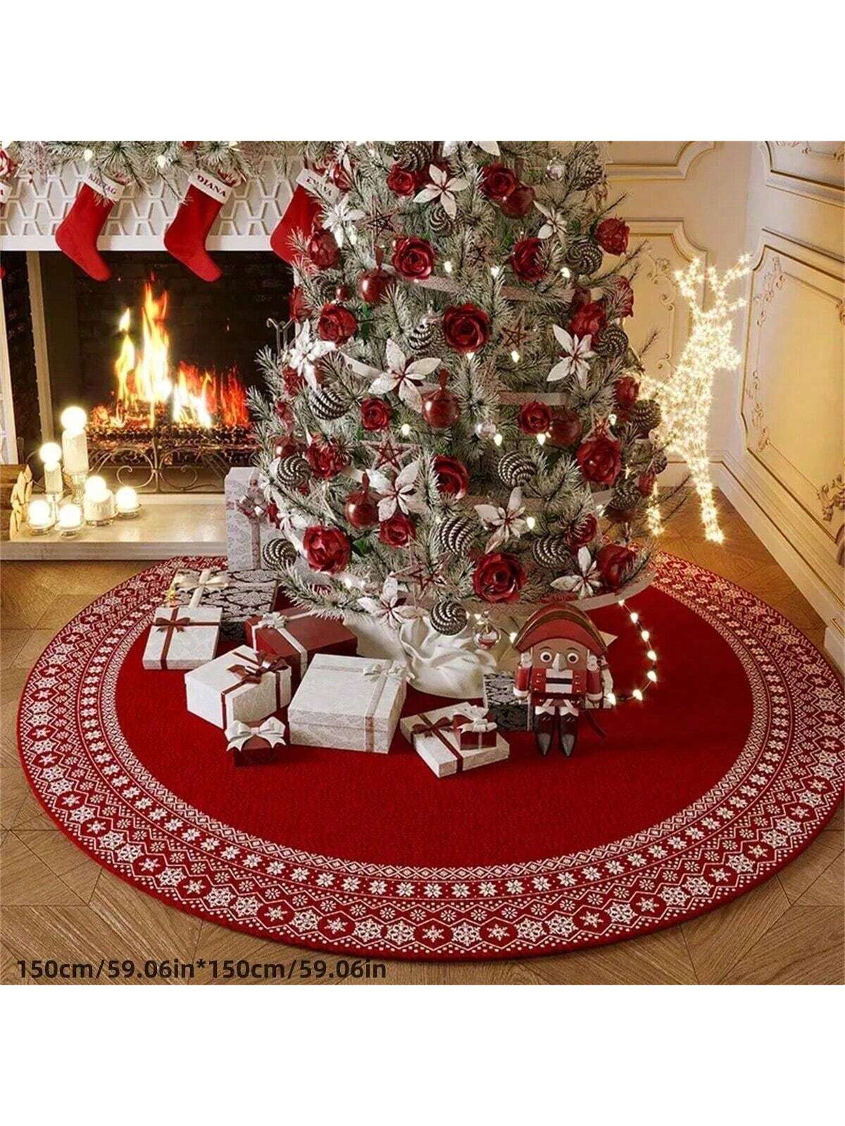 1pc Christmas Tree Decorative Floor Mat, Large Christmas Circle Carpet, Thick Washable Anti-Slip Rug, New Year Carpet, Plush Surrounding Mat Suitable For Living Room Bedroom Entrance, Home Decor Red