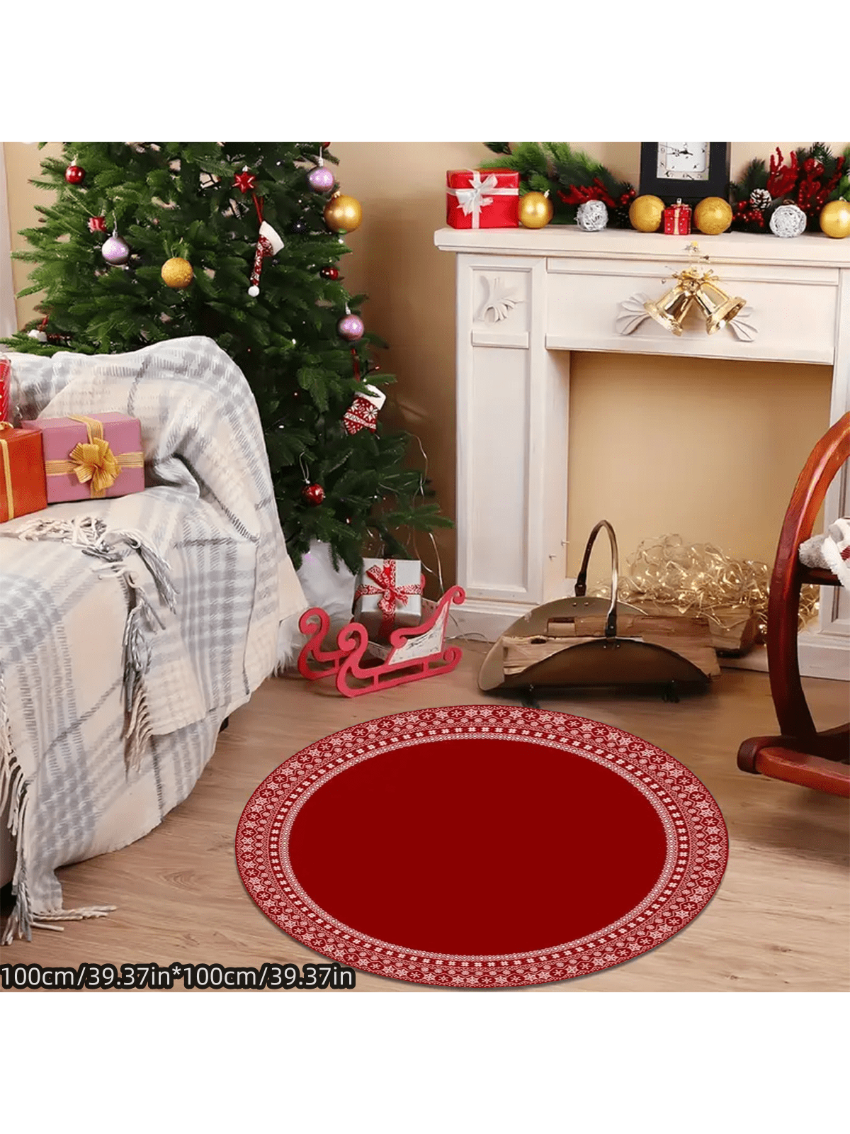 1pc Christmas Tree Decorative Floor Mat, Large Christmas Circle Carpet, Thick Washable Anti-Slip Rug, New Year Carpet, Plush Surrounding Mat Suitable For Living Room Bedroom Entrance, Home Decor Red