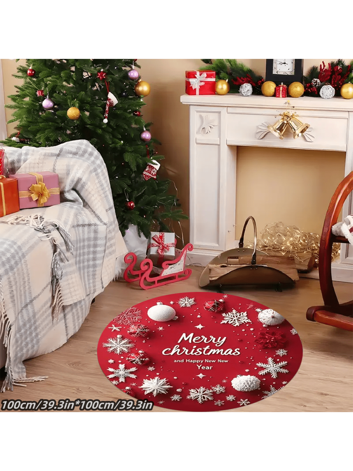 1pc Christmas Tree Decorative Floor Mat, Large Christmas Circle Carpet, Thick Washable Anti-Slip Rug, New Year Carpet, Plush Surrounding Mat Suitable For Living Room Bedroom Entrance, Home Decor Red