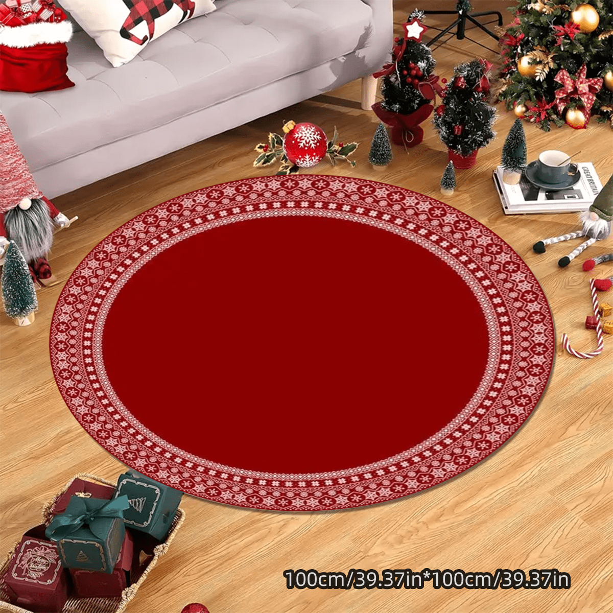 1pc Christmas Tree Decorative Floor Mat, Large Christmas Circle Carpet, Thick Washable Anti-Slip Rug, New Year Carpet, Plush Surrounding Mat Suitable For Living Room Bedroom Entrance, Home Decor Red