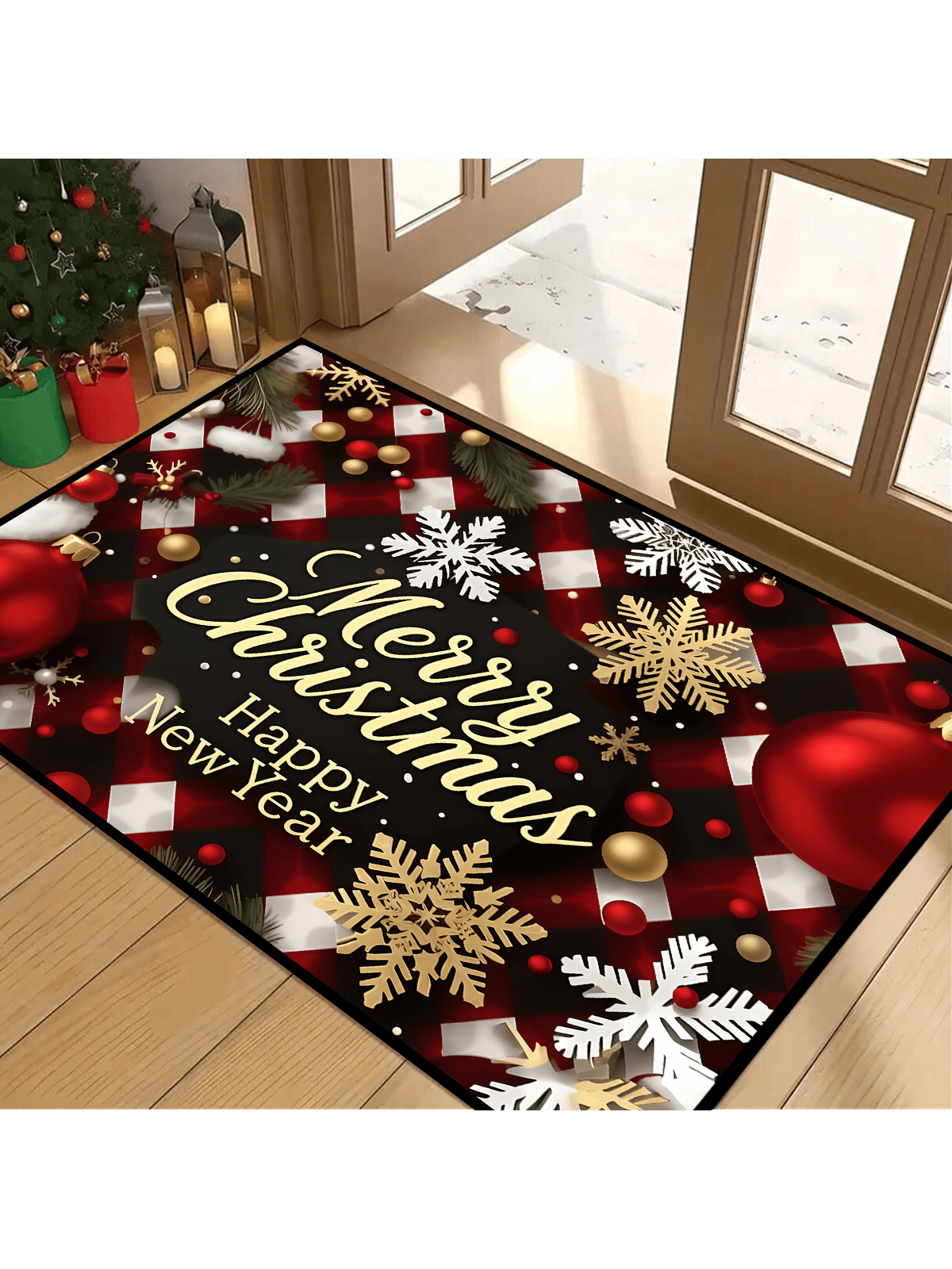 1pc Christmas Holiday Doormat, Holiday Print, Super Soft Flannel, Non-Slip, Machine Washable, Rectangular, Polyester, Indoor/Outdoor Use, Farmhouse Kitchen Patio Rug, Bathroom Entry Rug, Rustic Camper Design, Modern Style DS-2