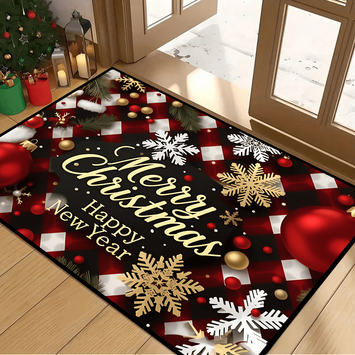 1pc Christmas Holiday Doormat, Holiday Print, Super Soft Flannel, Non-Slip, Machine Washable, Rectangular, Polyester, Indoor/Outdoor Use, Farmhouse Kitchen Patio Rug, Bathroom Entry Rug, Rustic Camper Design, Modern Style DS-2